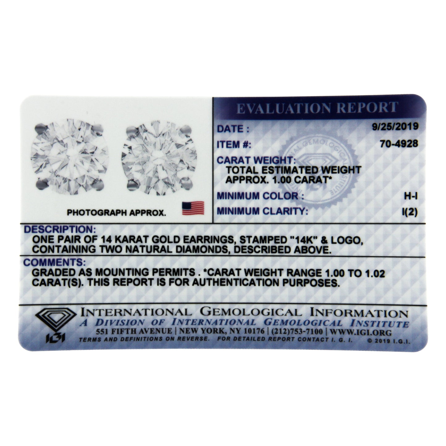 Pendientes de diamantes redondos de corte brillante certificados por IGI de 1.00 Cttw