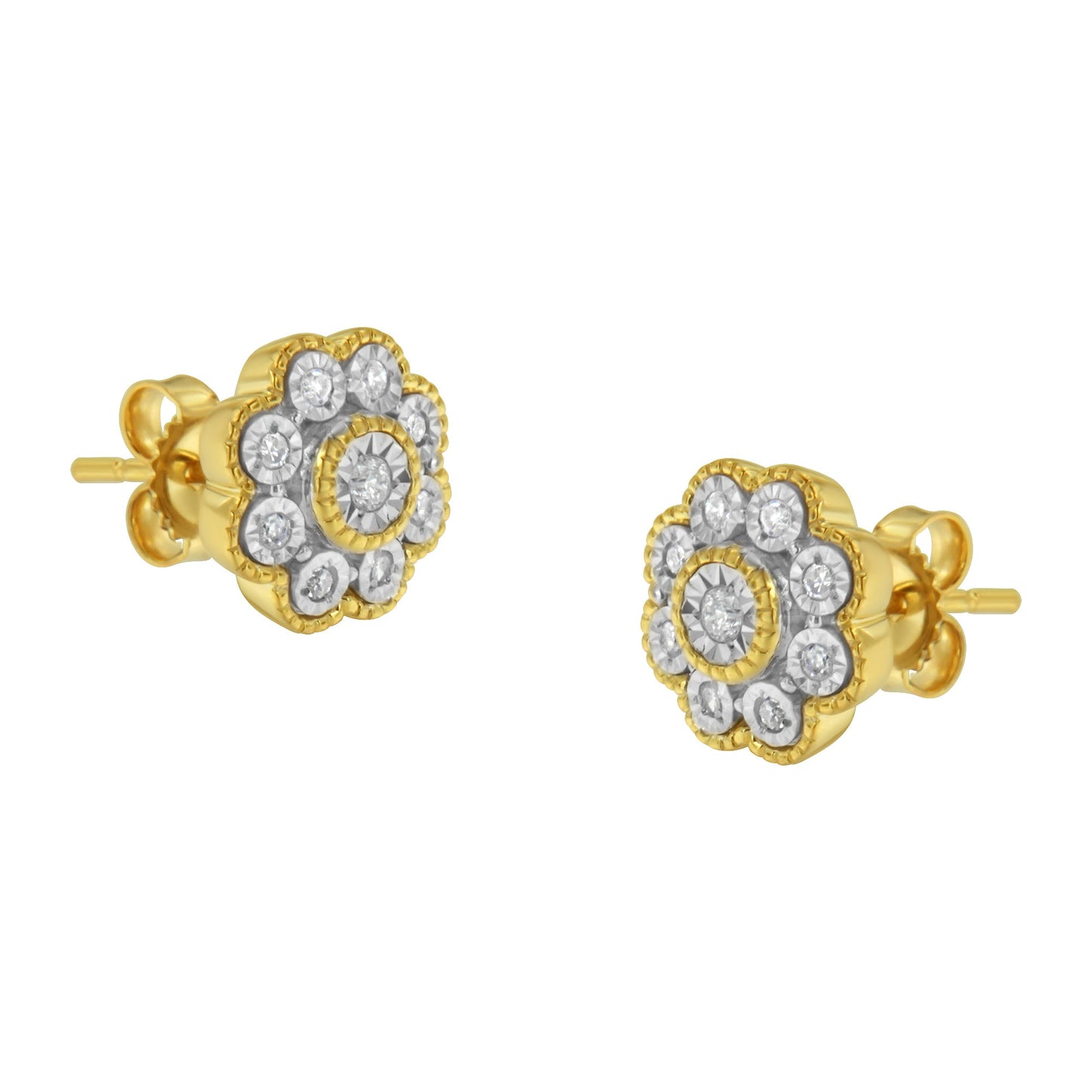 14K Yellow Gold Plated Sterling Silver Floral Diamond Stud Earrings