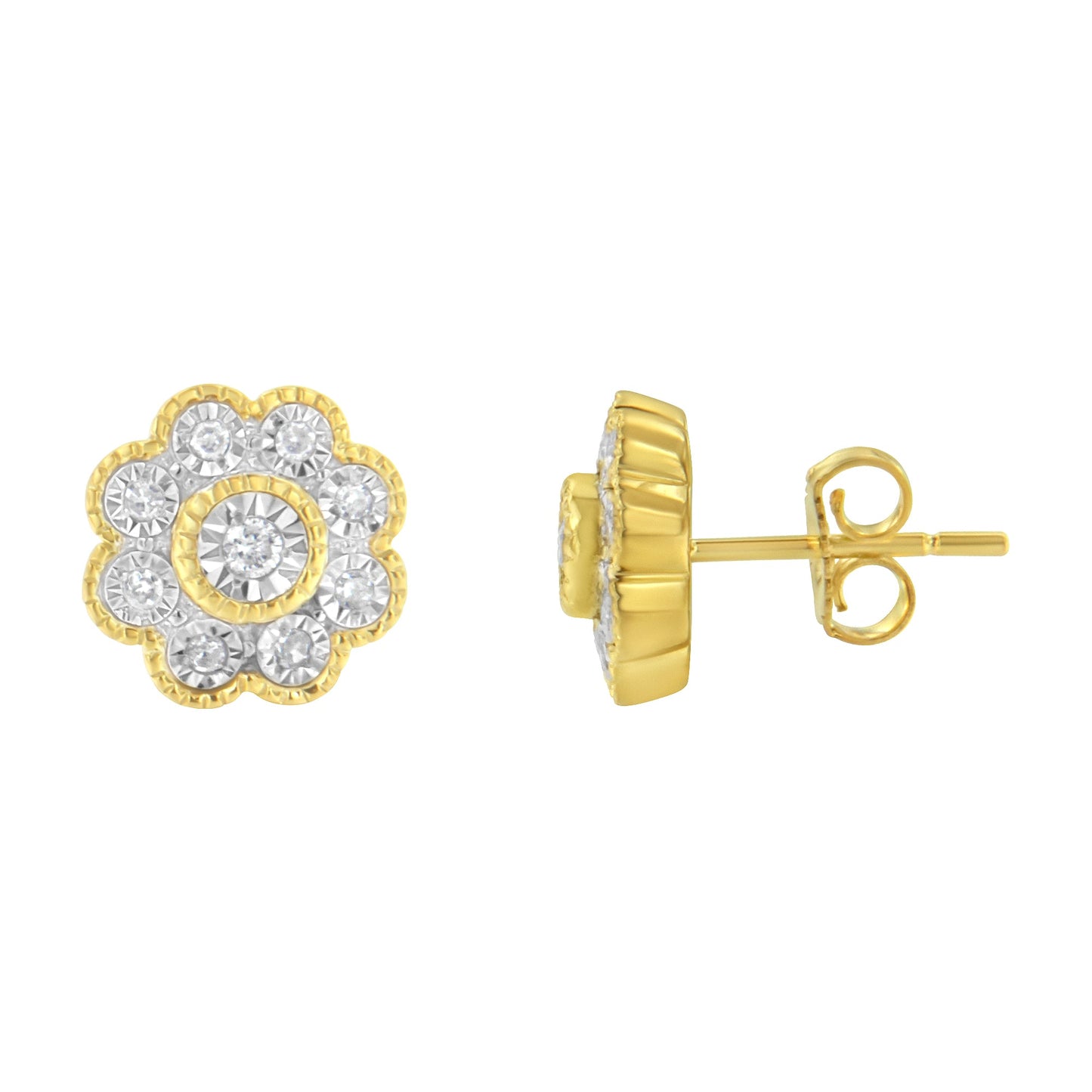 14K Yellow Gold Plated Sterling Silver Floral Diamond Stud Earrings