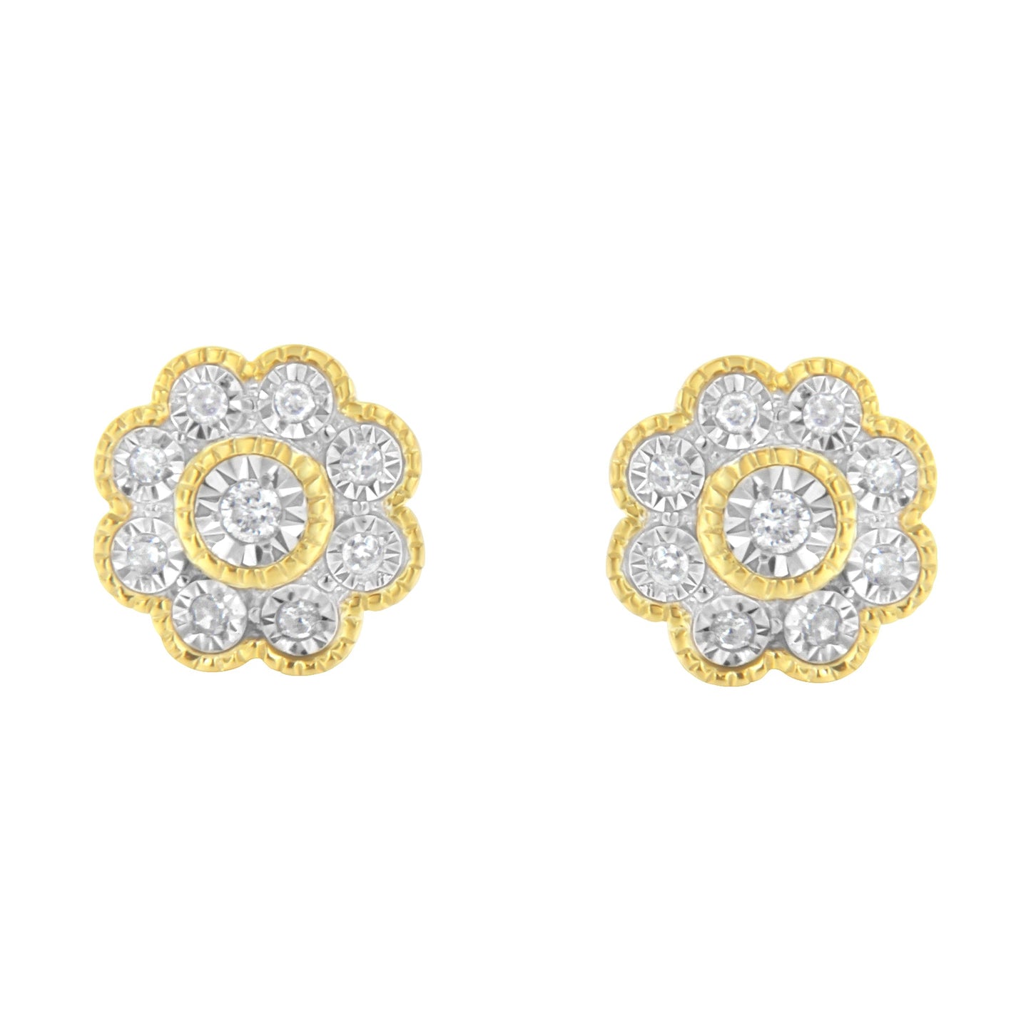 14K Yellow Gold Plated Sterling Silver Floral Diamond Stud Earrings