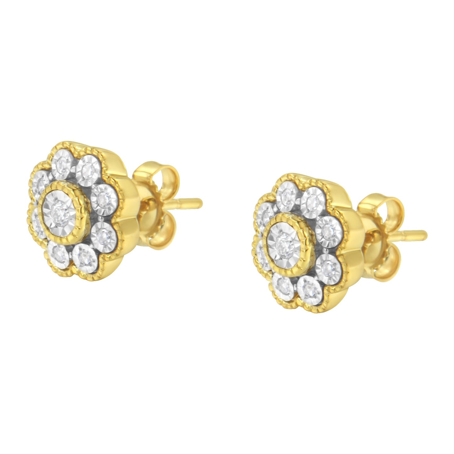 14K Yellow Gold Plated Sterling Silver Floral Diamond Stud Earrings