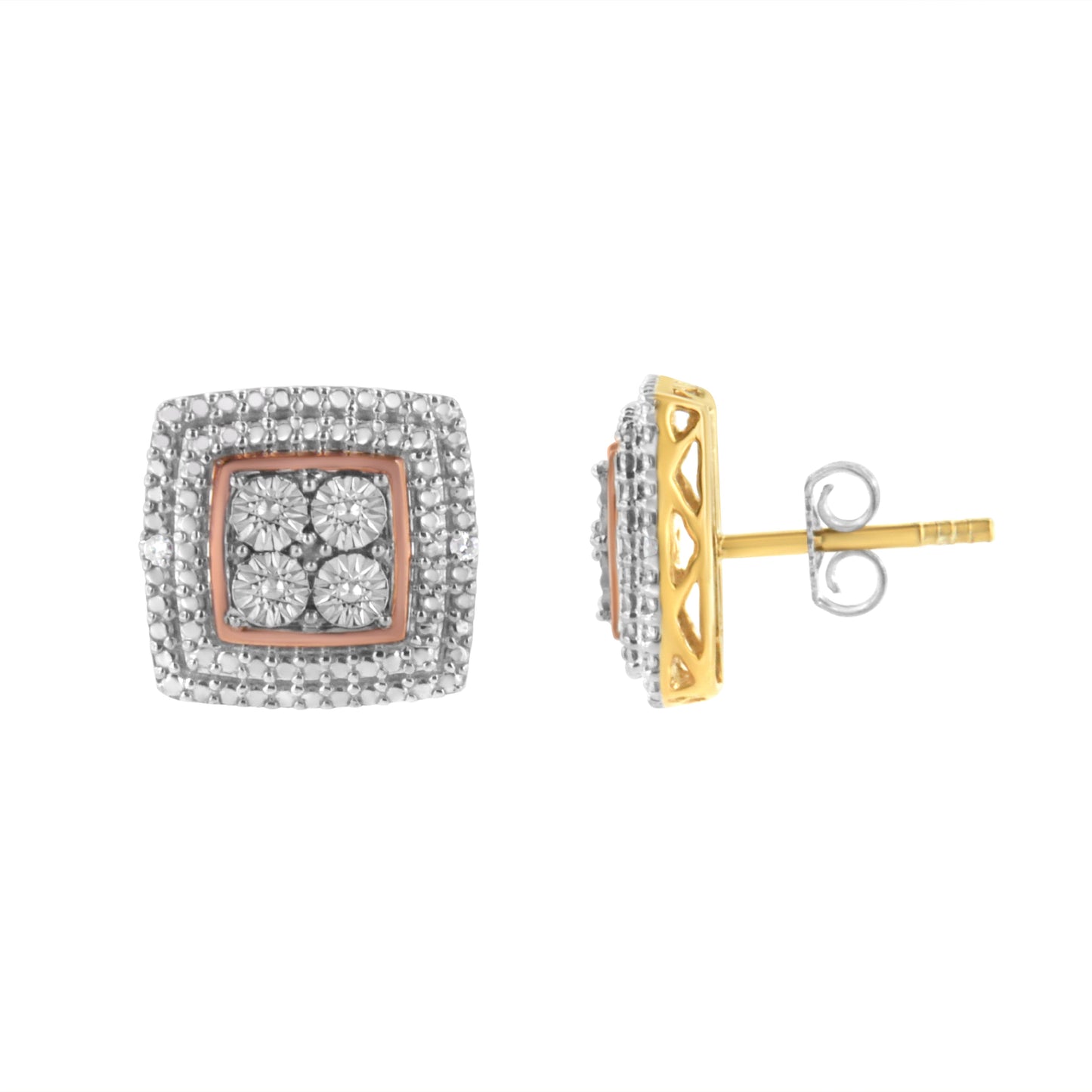 Pendientes de Acento de Diamante de Plata Esterlina Baño de Oro de 10K