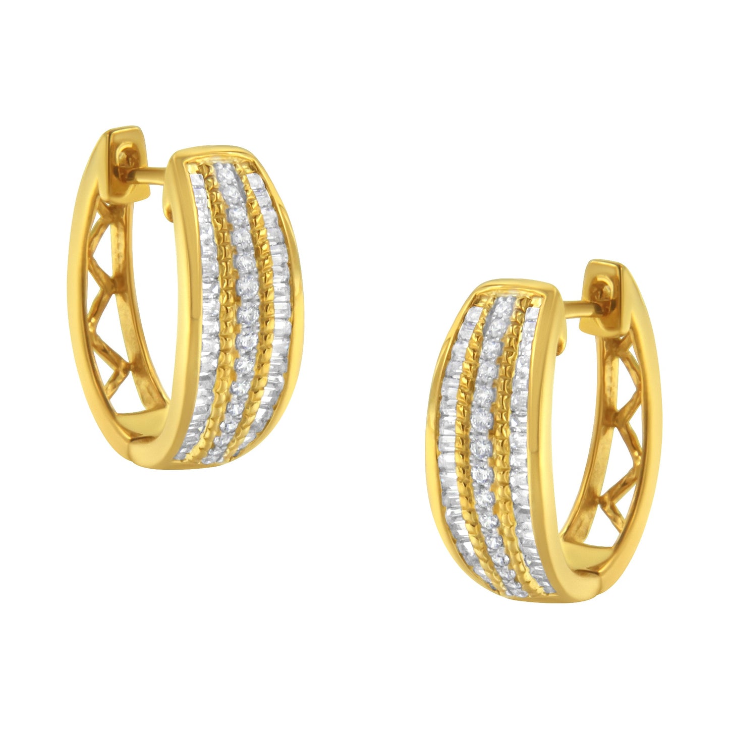 Boucles d'oreilles créoles en diamant triple rang en or jaune 10K