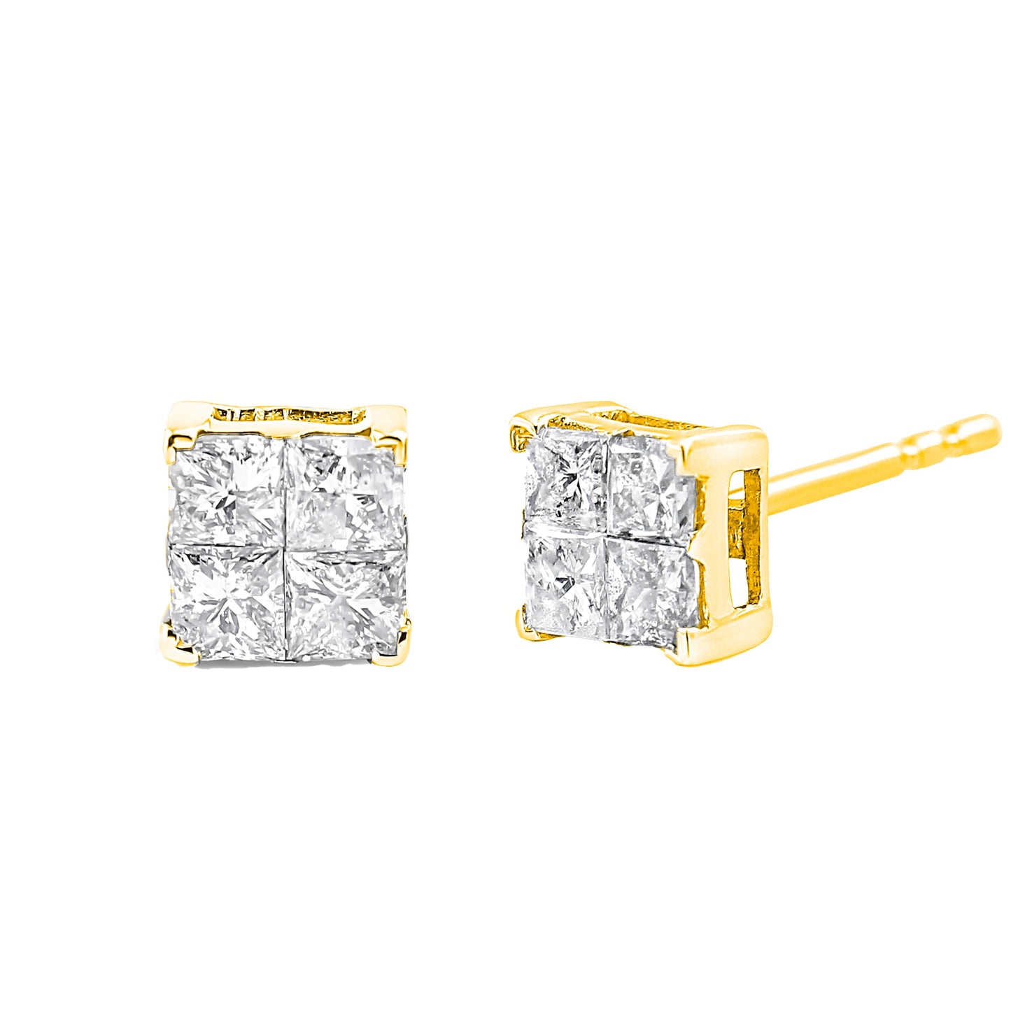 10K Yellow Gold Plated Sterling Silver Princess-Cut Diamond Stud Earrings
