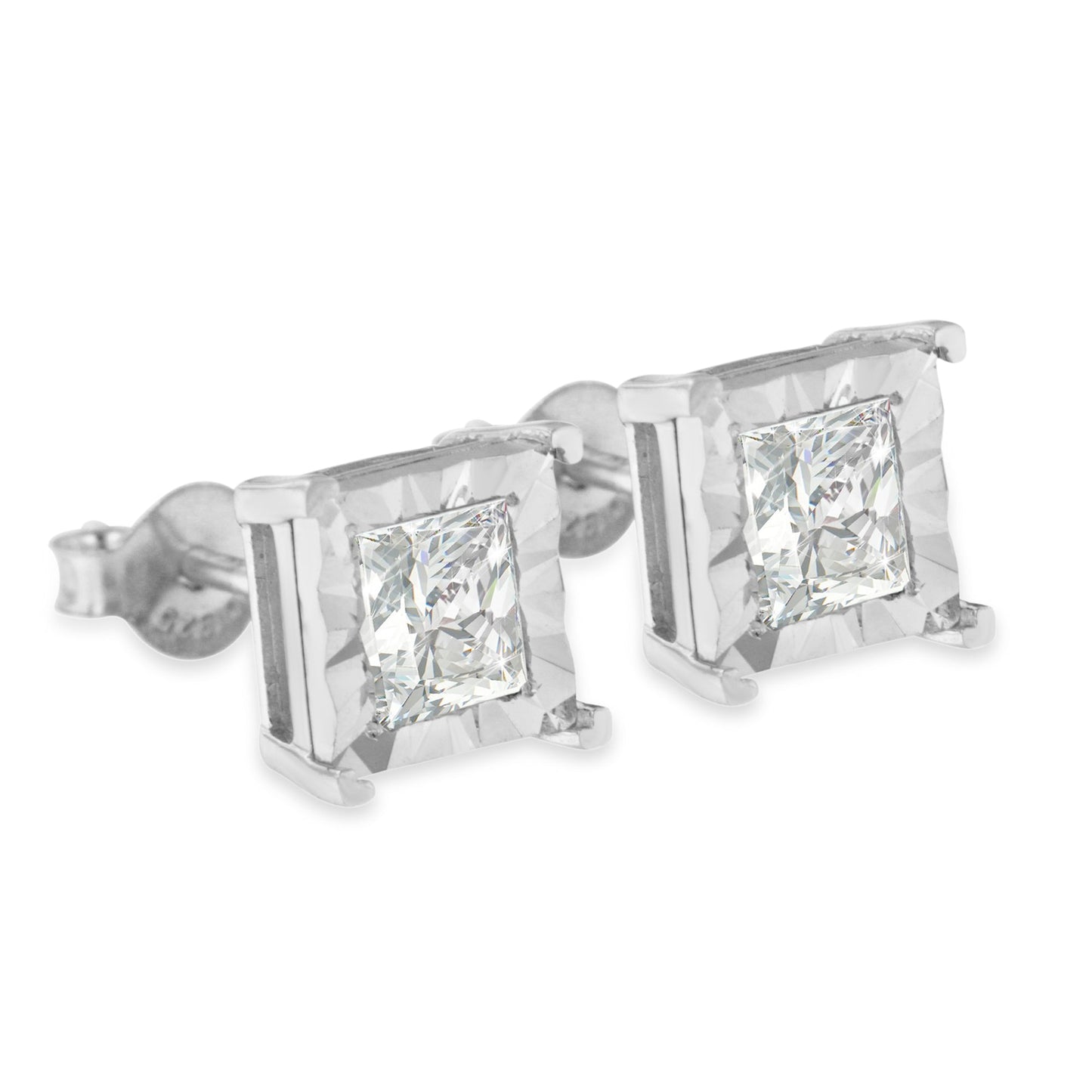 .925 Sterling Silver Princess-Cut Diamond Solitaire Stud Earrings