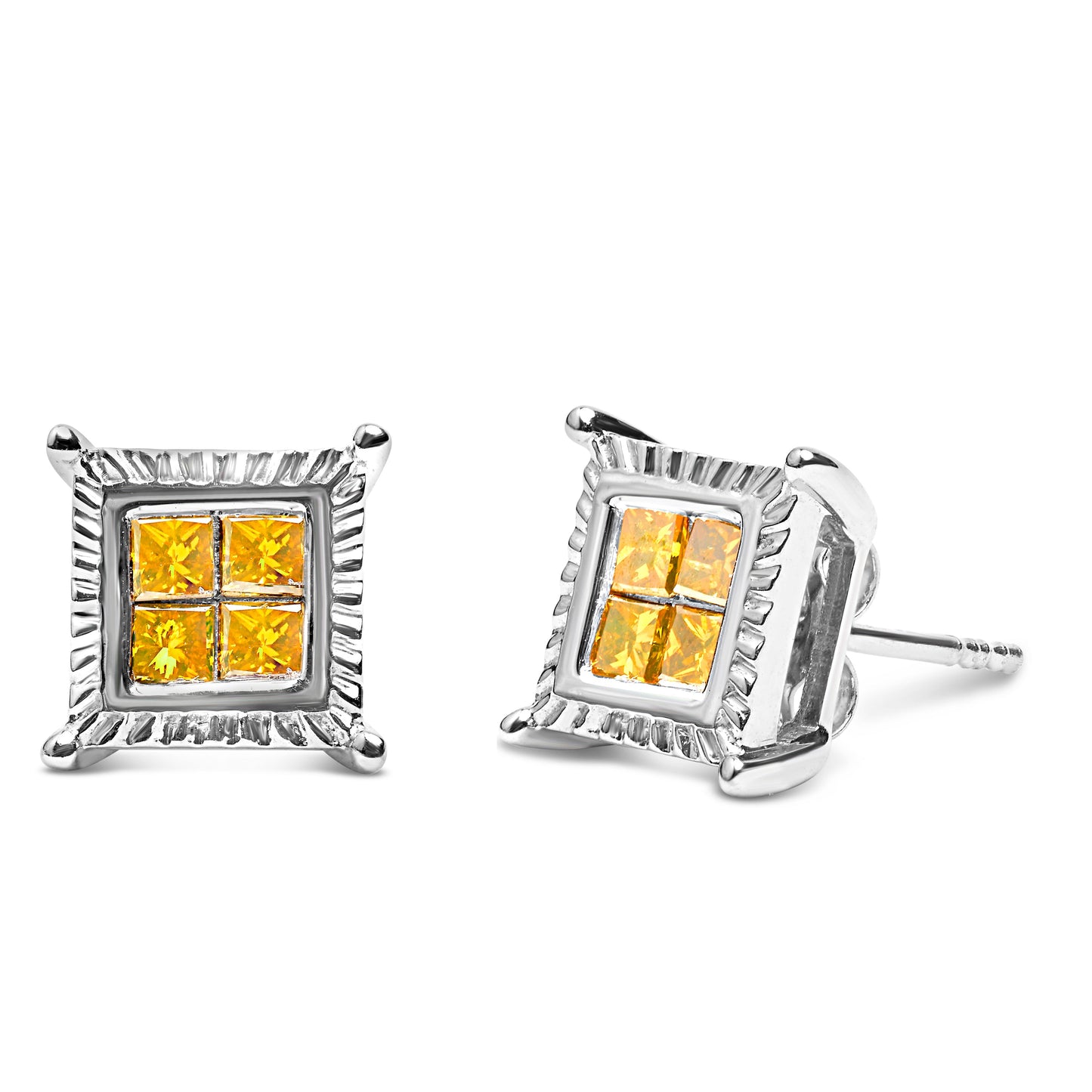 Pendientes de Stud Cuadrados de Diamante Amarillo de .925 Plata de Ley