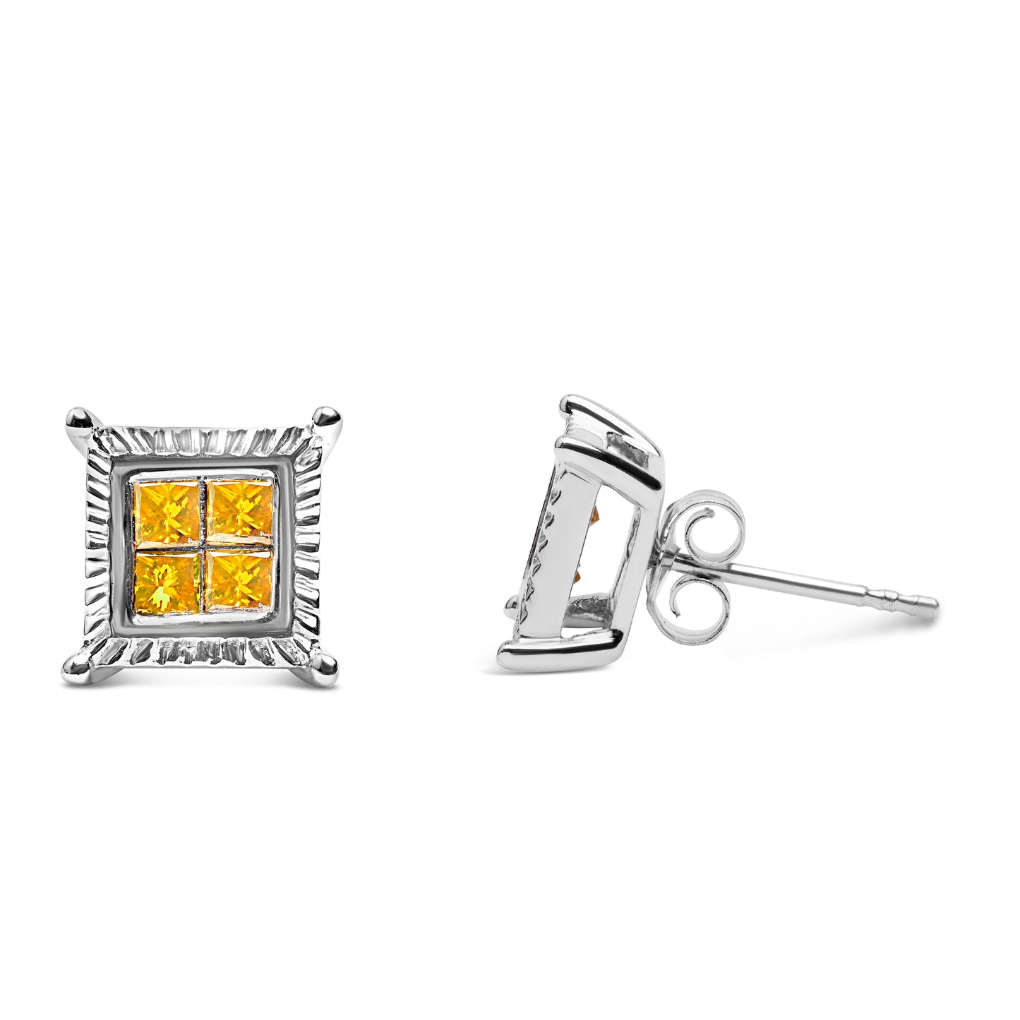Pendientes de Stud Cuadrados de Diamante Amarillo de .925 Plata de Ley