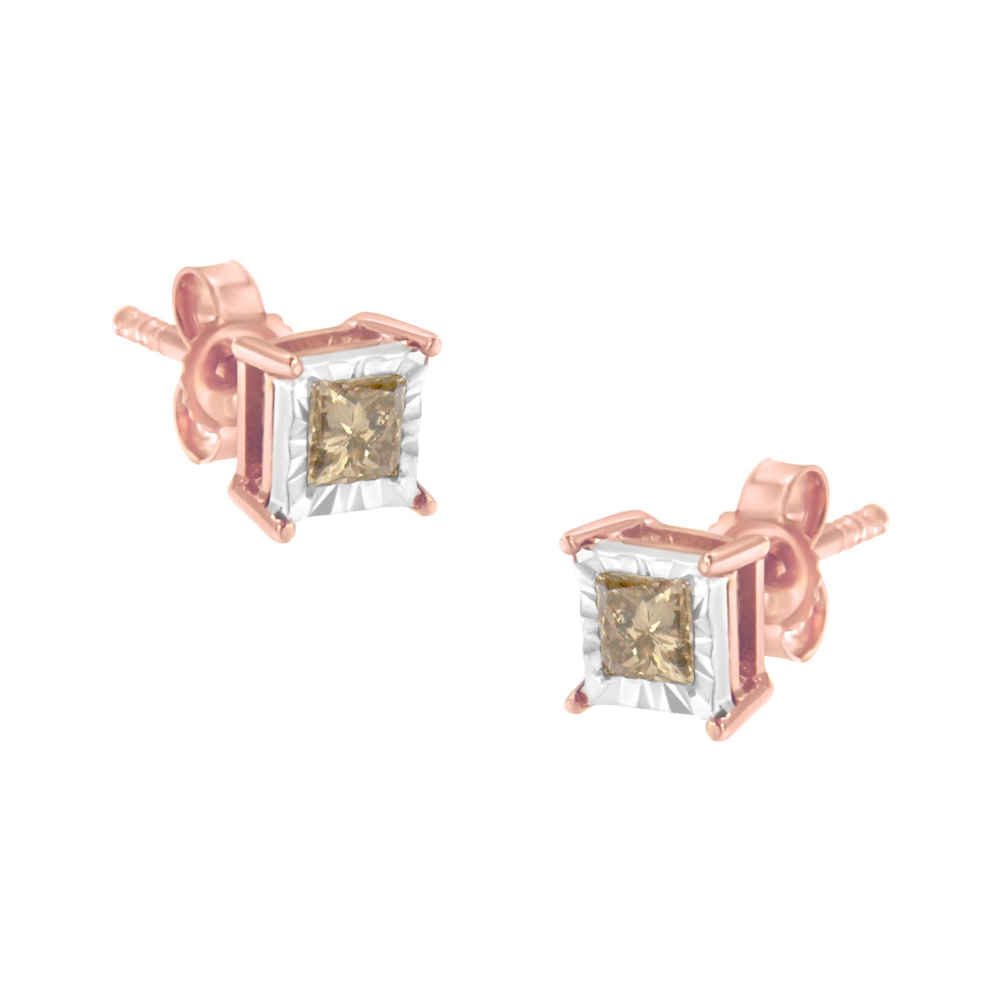 14K Rose Gold Plated Two-Tone Diamond Solitaire Stud Earrings