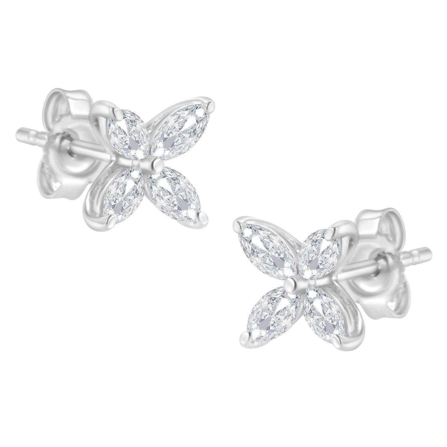 14K White Gold Marquise Diamond Floral Leaf Stud Earrings