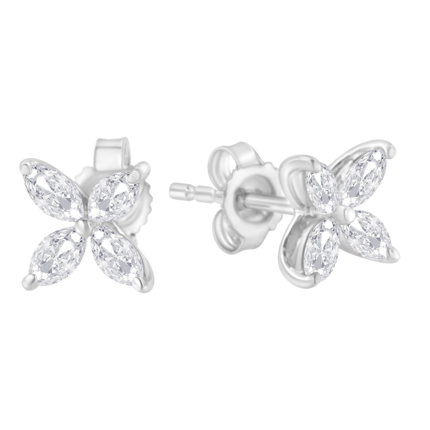 14K White Gold Marquise Diamond Floral Leaf Stud Earrings