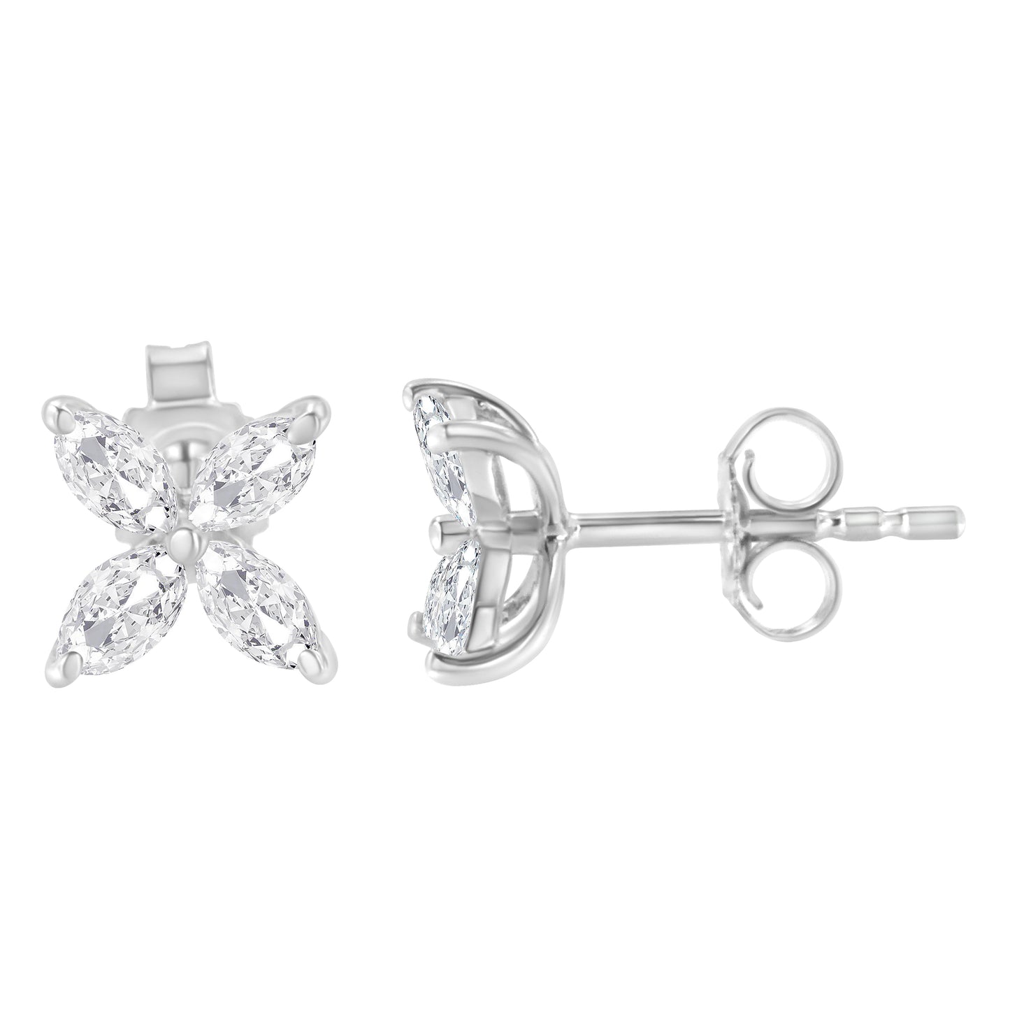 14K White Gold Marquise Diamond Floral Leaf Stud Earrings