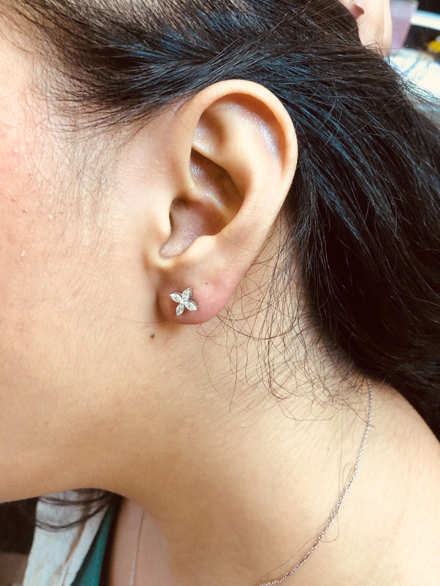 14K White Gold Marquise Diamond Floral Leaf Stud Earrings