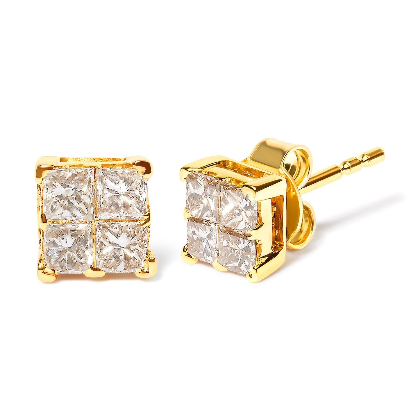 Boucles d'oreilles carrées en diamant taille princesse en or jaune 10K