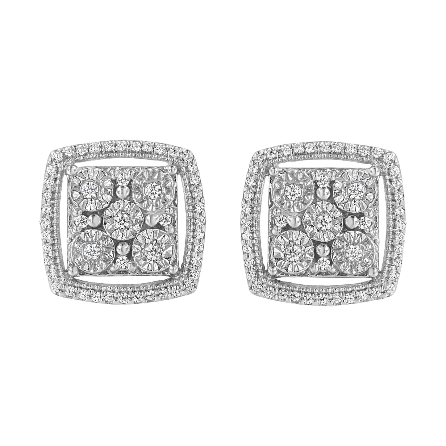 Boucles d'oreilles en argent sterling .925 avec diamants ronds et double halo