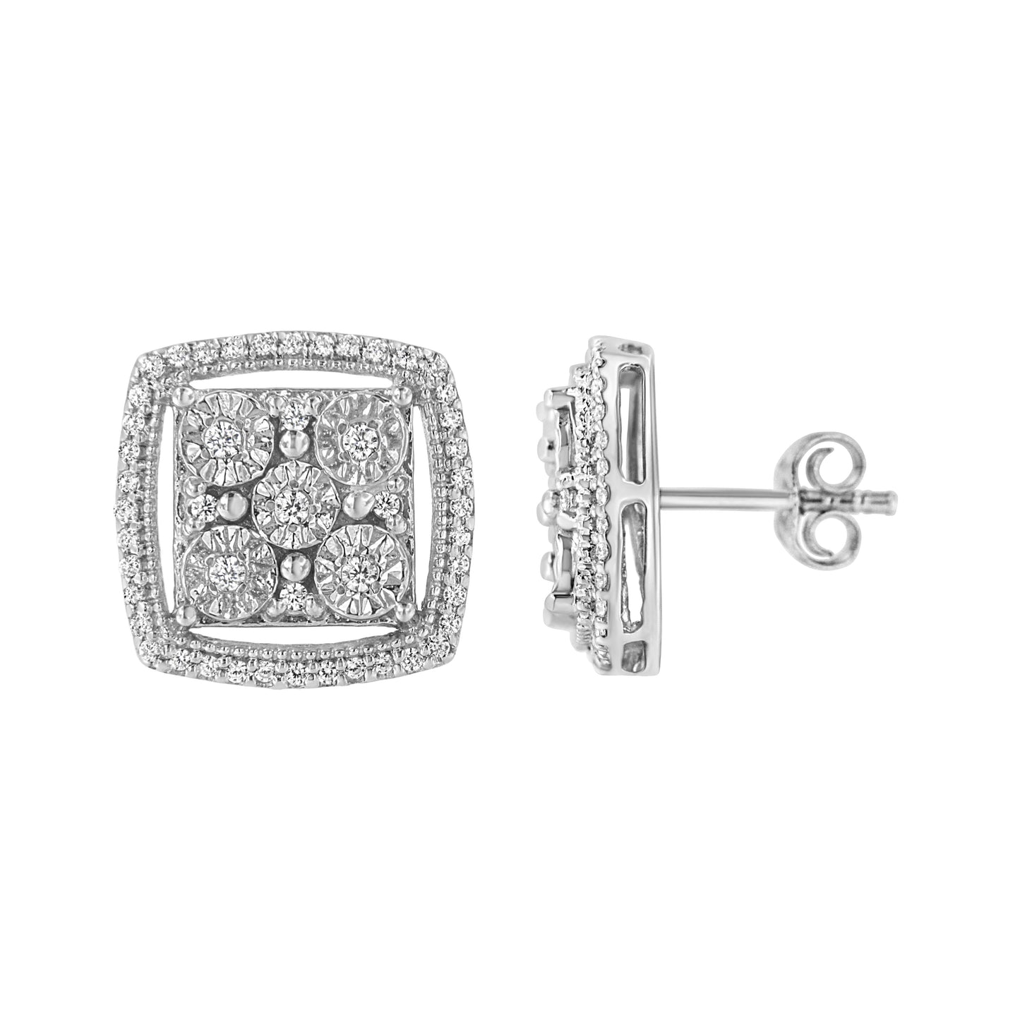 Boucles d'oreilles en argent sterling .925 avec diamants ronds et double halo