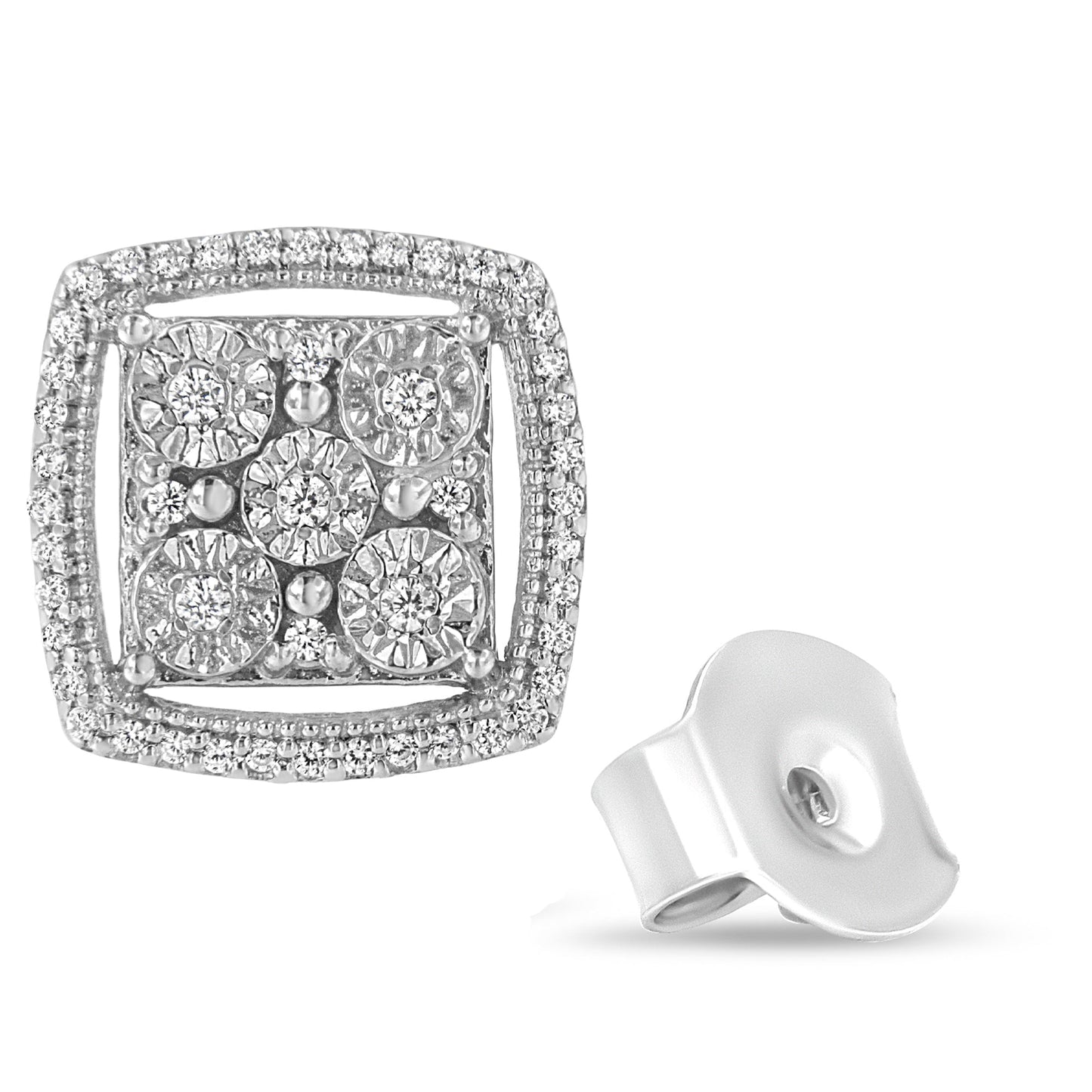 Boucles d'oreilles en argent sterling .925 avec diamants ronds et double halo