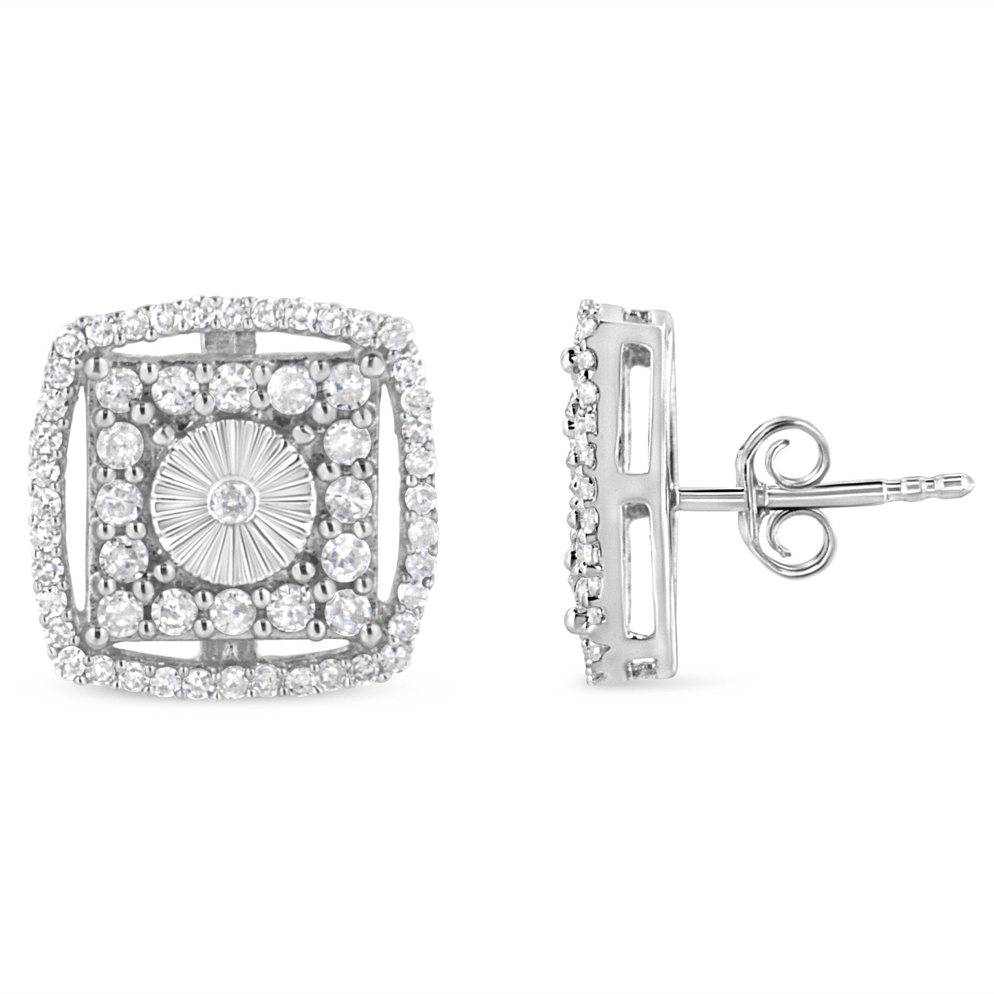 Boucles d'oreilles en argent sterling 925 avec diamants ronds en double halo