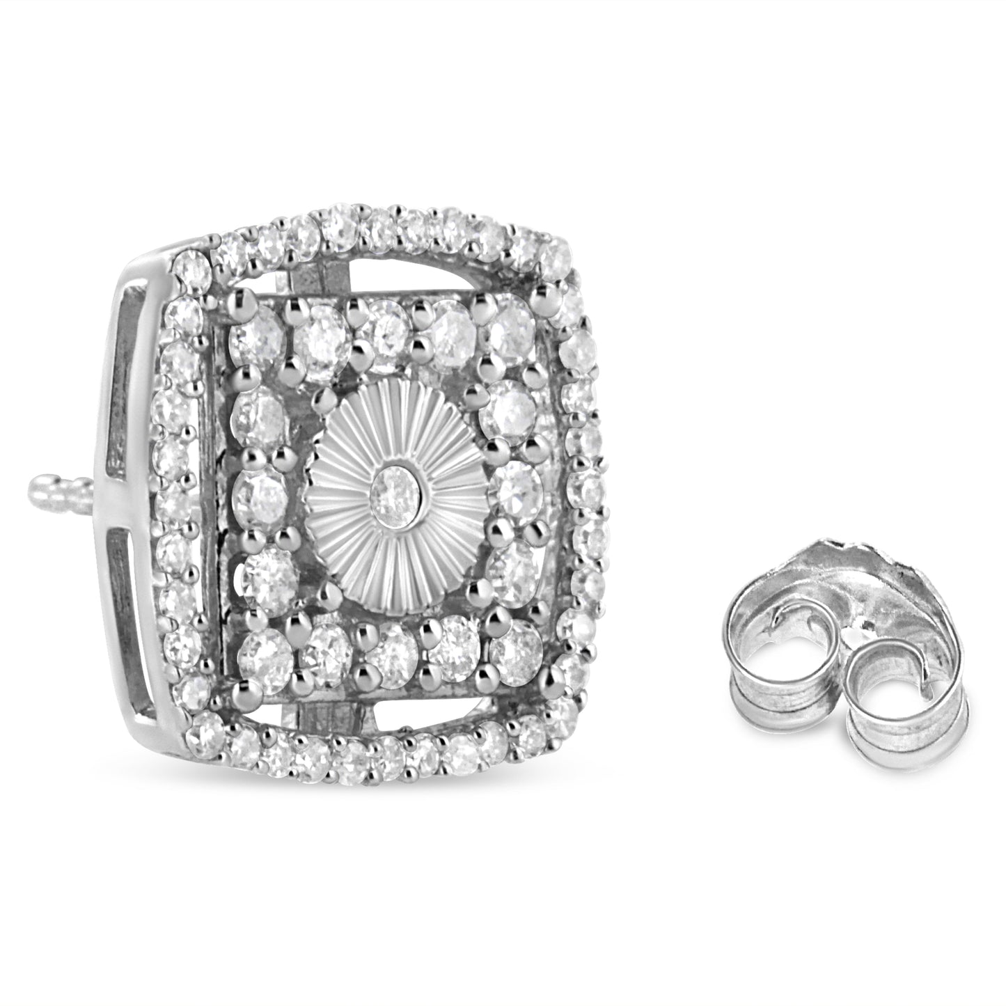Boucles d'oreilles en argent sterling 925 avec diamants ronds en double halo