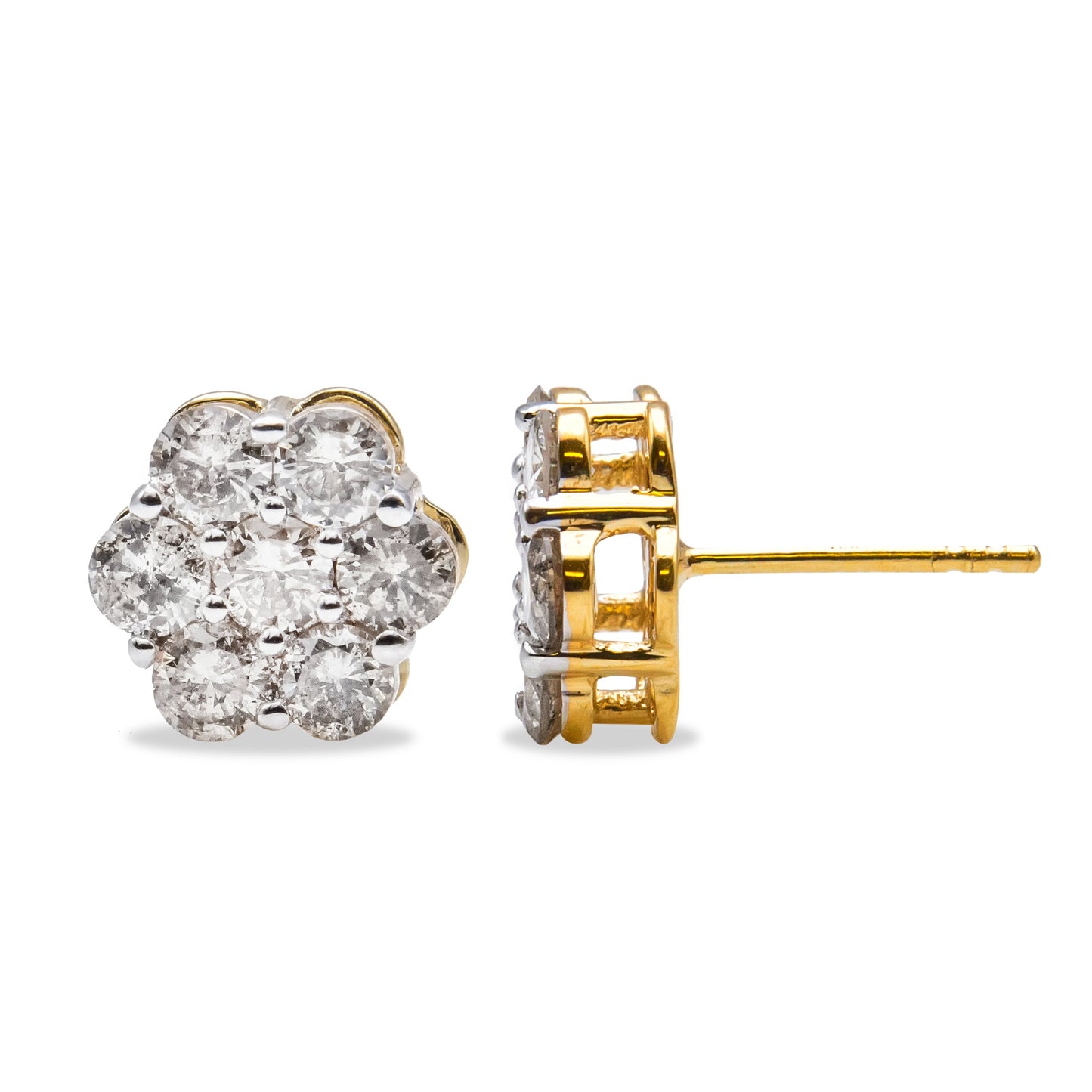 Boucles d'oreilles en diamant floral en cluster en or jaune 14K