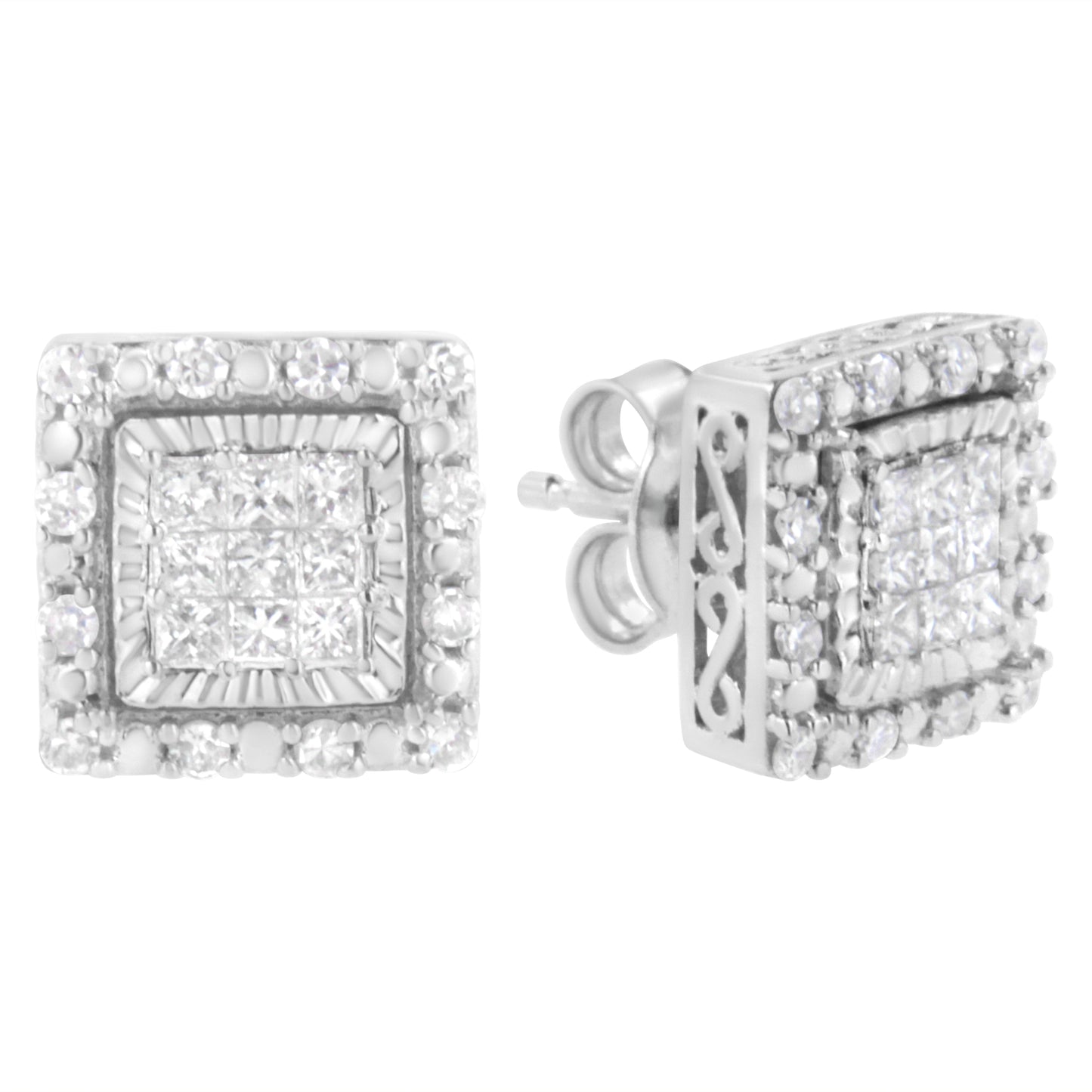 Boucles d'oreilles en diamant taille princesse en or blanc 10K avec sertissage invisible
