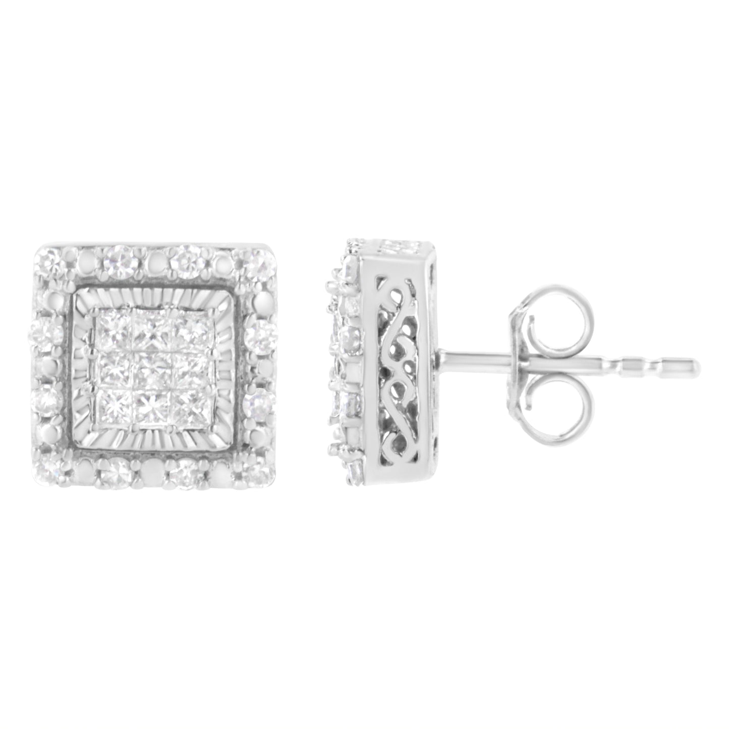 Boucles d'oreilles en diamant taille princesse en or blanc 10K avec sertissage invisible