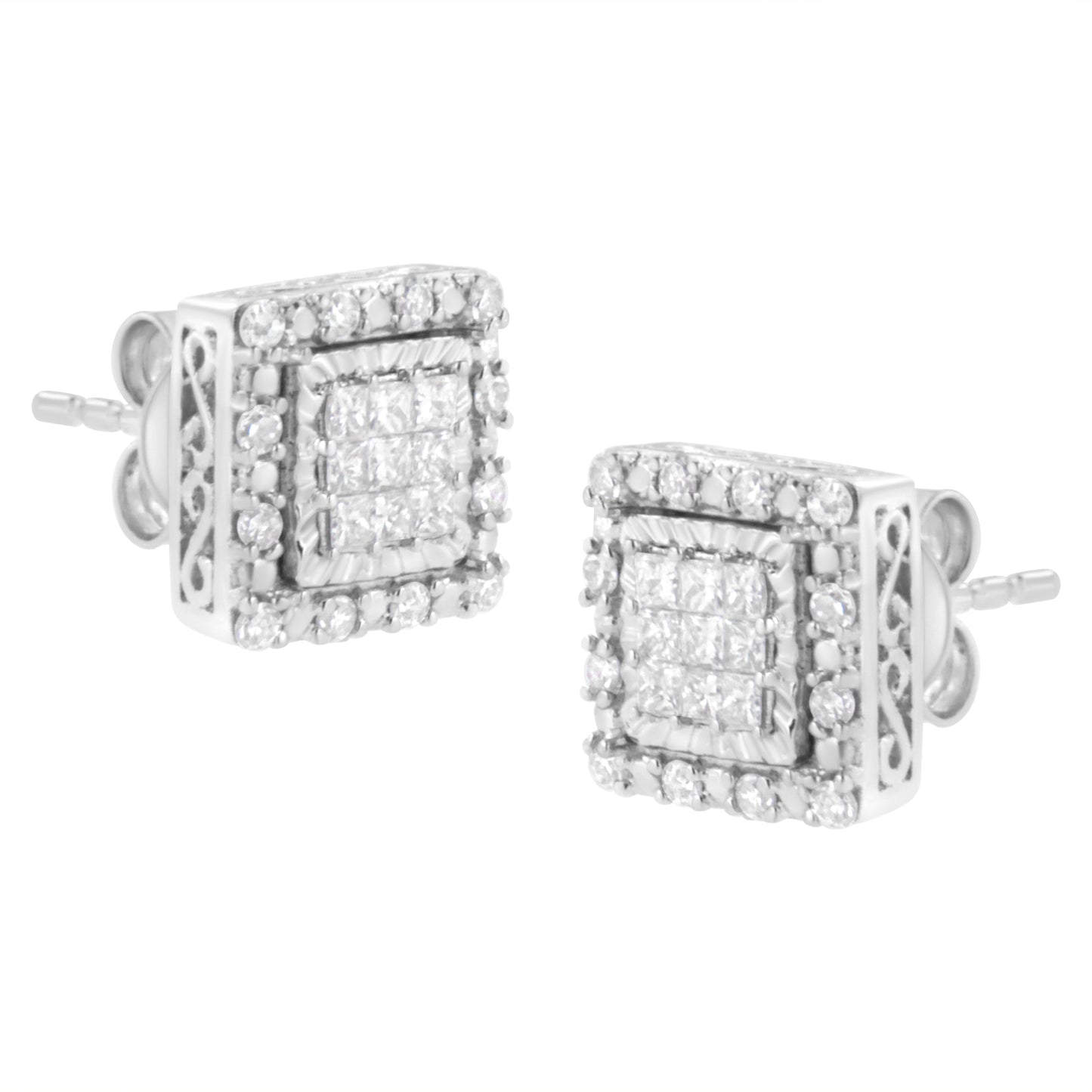 Boucles d'oreilles en diamant taille princesse en or blanc 10K avec sertissage invisible