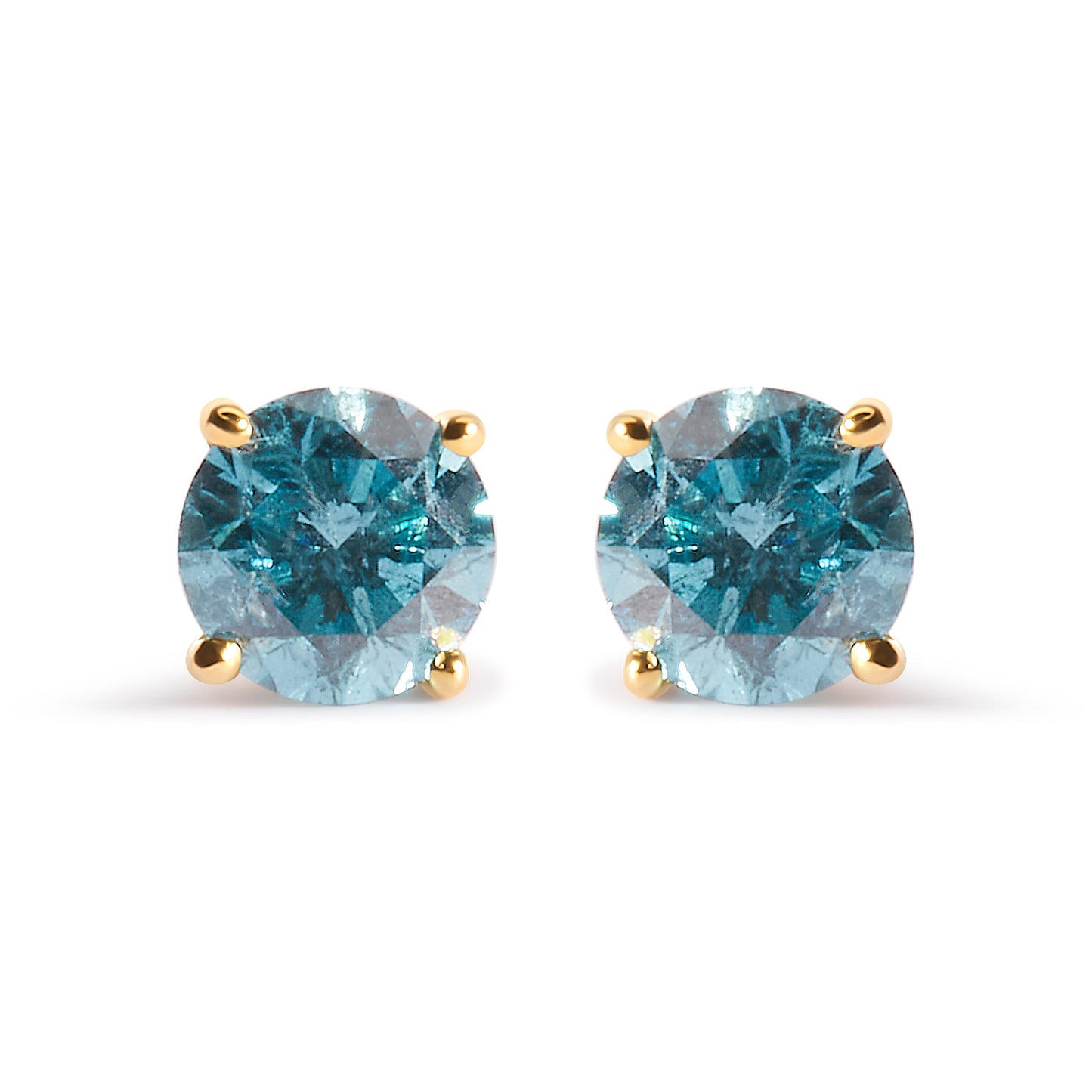 14K Yellow Gold Aqua Blue Diamond Solitaire Stud Earrings