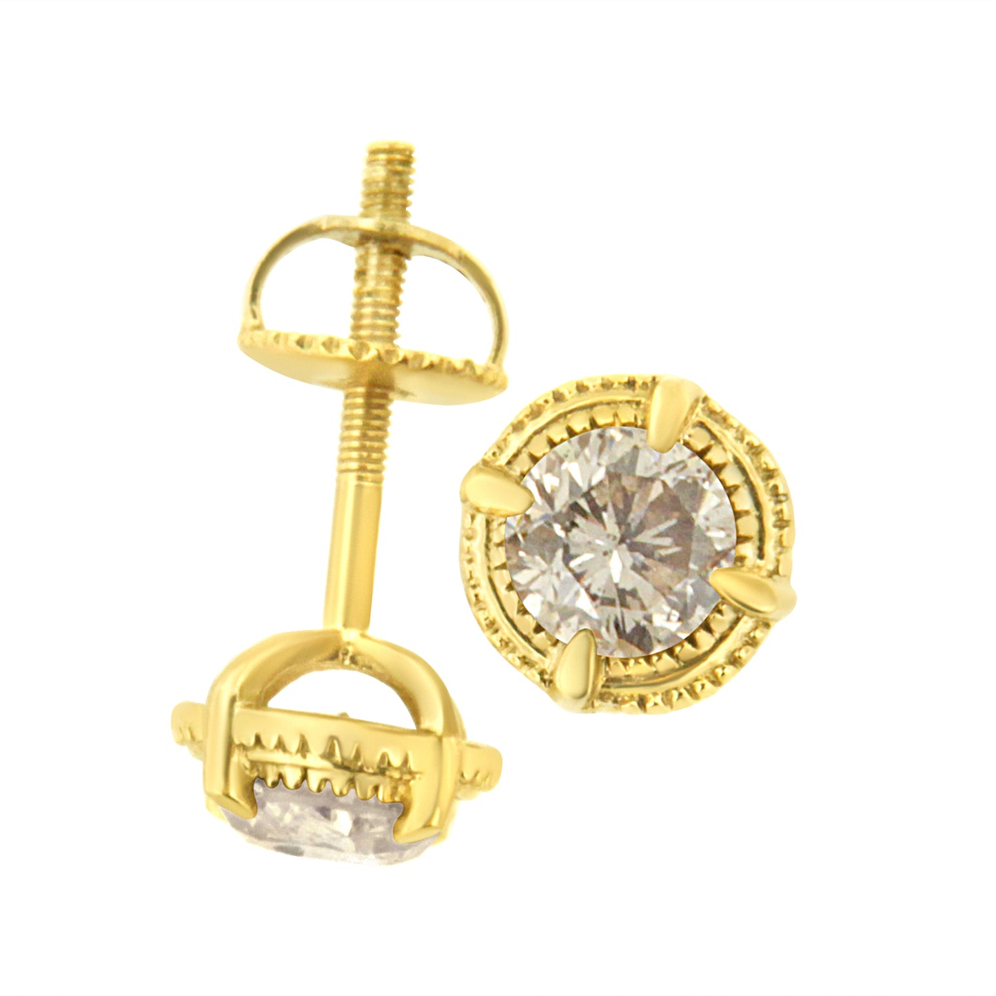 Boucles d'oreilles clous en argent sterling plaqué or jaune 14K avec diamant solitaire