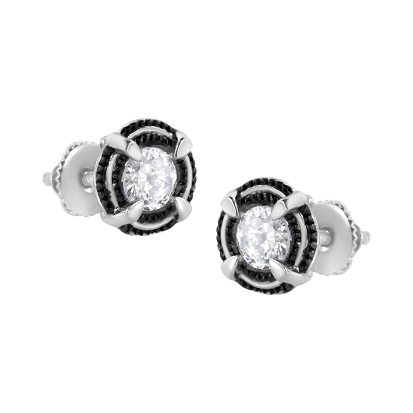 Pendientes de Stud con Halo de Diamantes en Plata Esterlina Baño de Rodio Negro