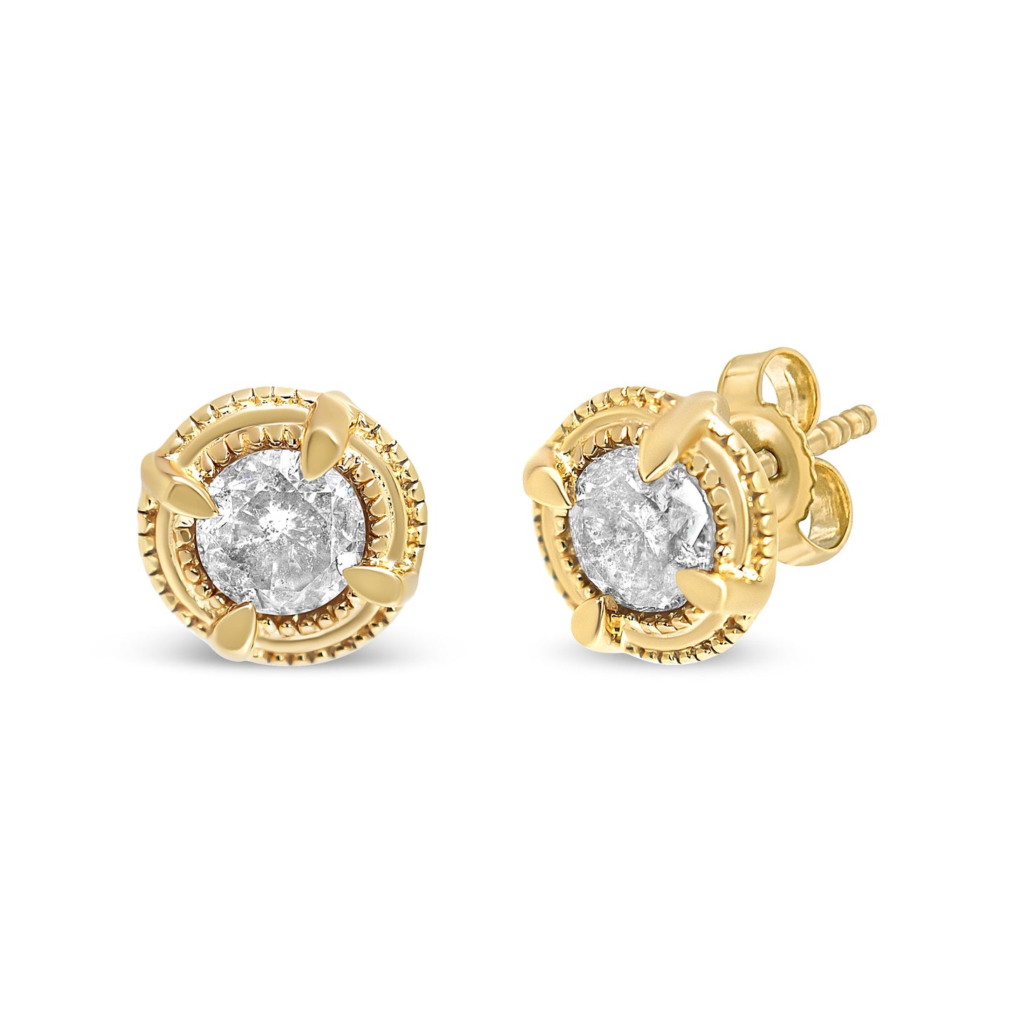 Boucles d'oreilles clous en argent sterling plaqué or jaune 14K avec diamant solitaire