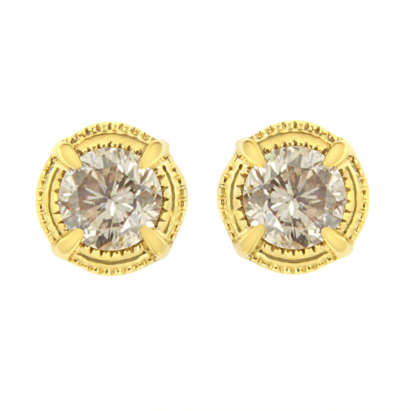 Boucles d'oreilles clous en argent sterling plaqué or jaune 14K avec diamant solitaire