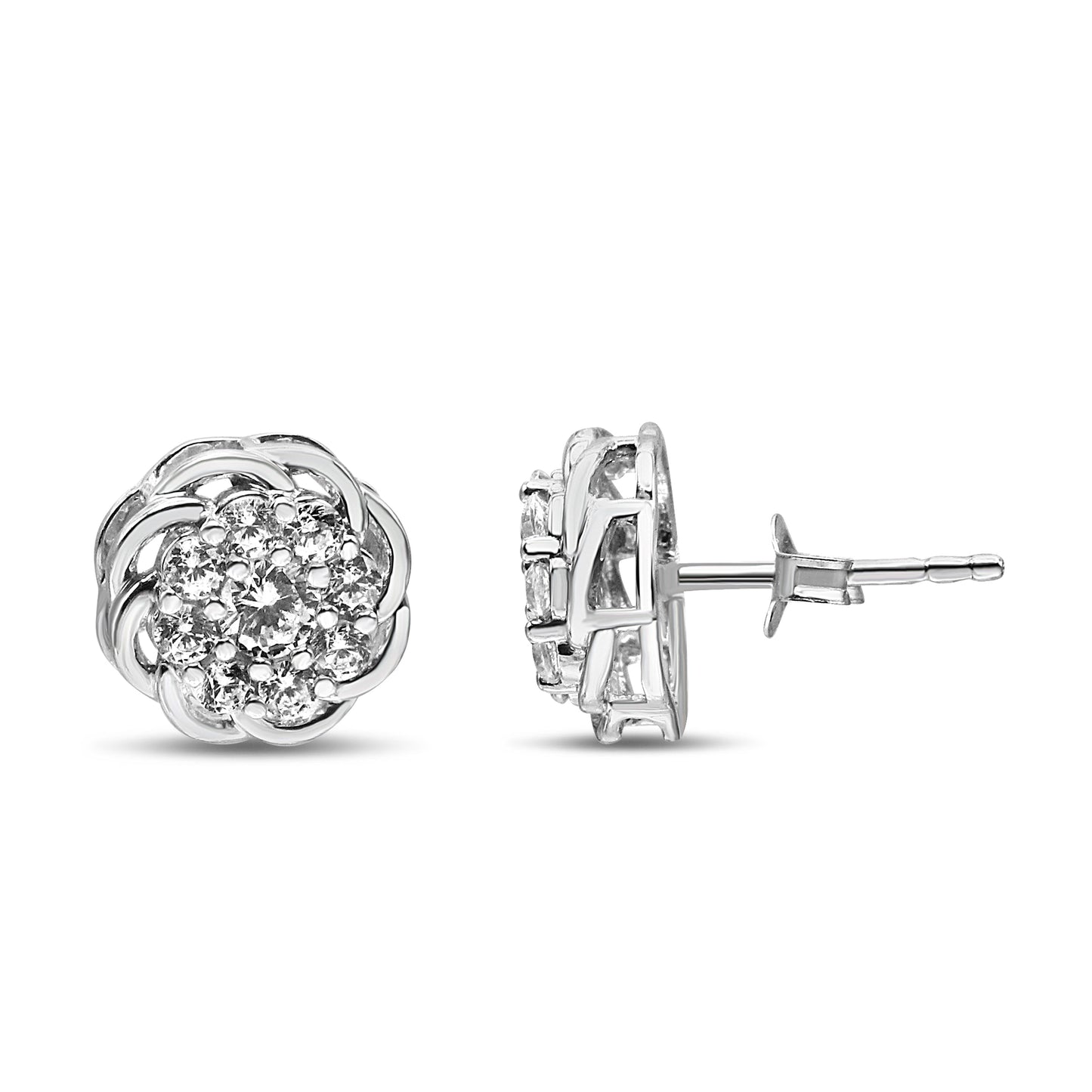 Pendientes de Stud de Halo Floral con Diamantes en Clúster de Plata Esterlina .925