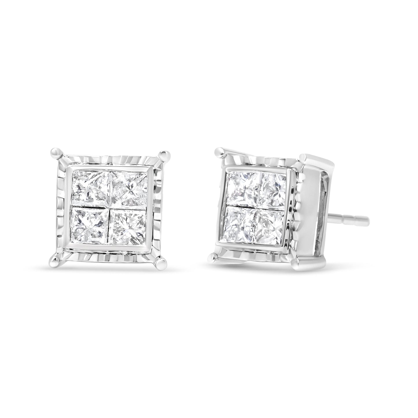 14K White Gold Princess-Cut Diamond Quad Stud Earrings