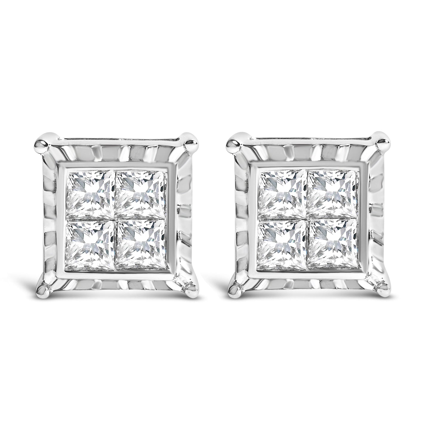 Boucles d'oreilles puces en diamant quad invisiblement serties en or blanc 14K 2.00 Cttw