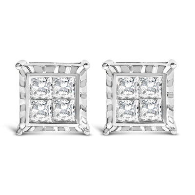 14K White Gold 2.00 Cttw Invisible Set Diamond Quad Stud Earrings