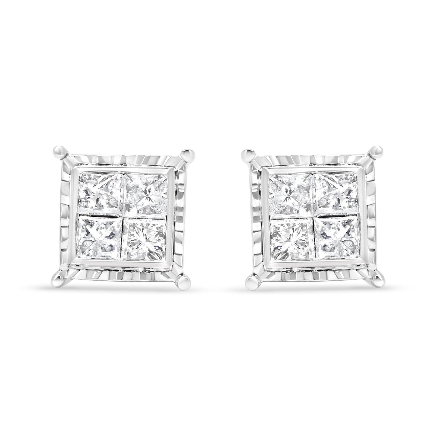 14K White Gold Princess-Cut Diamond Quad Stud Earrings