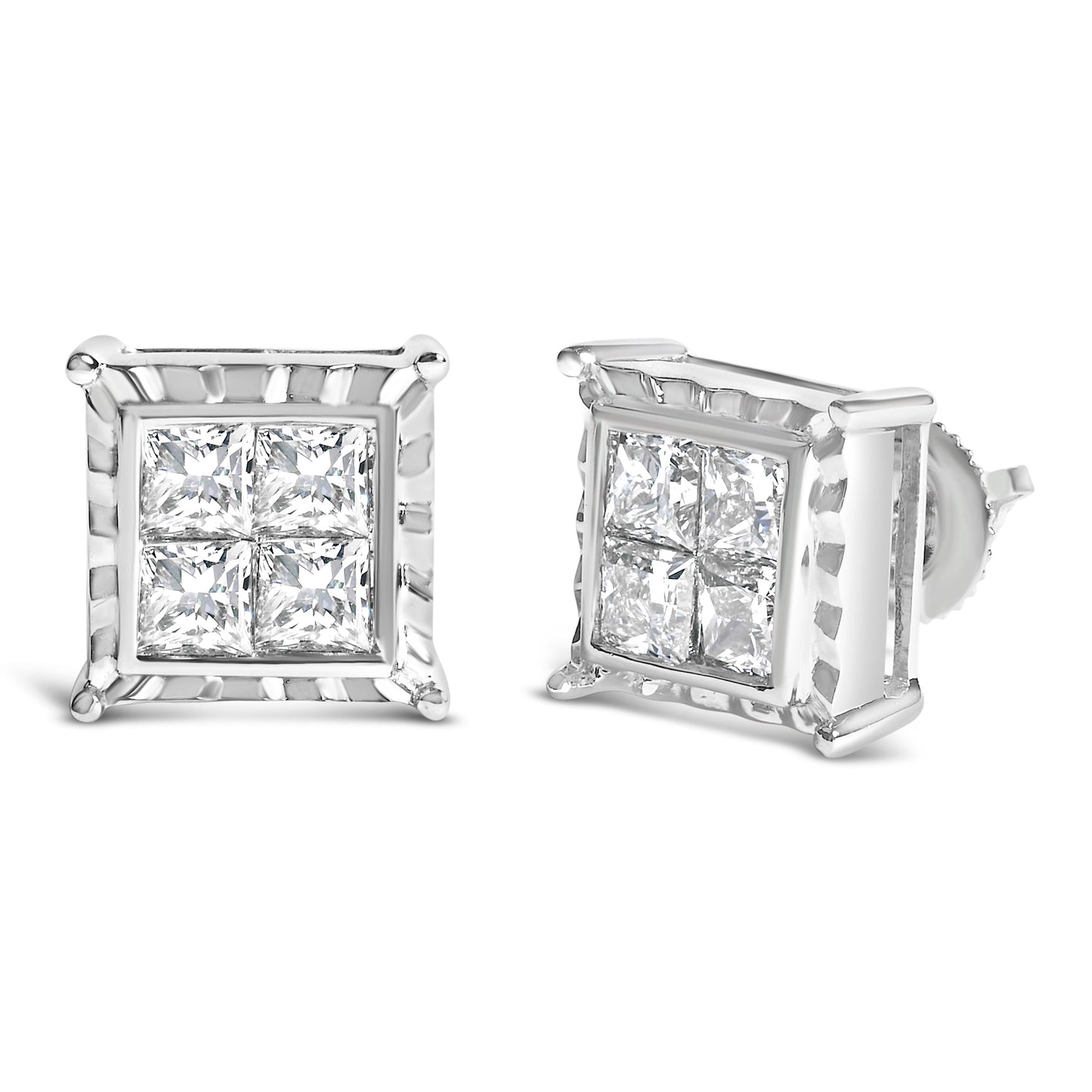 Boucles d'oreilles puces en diamant quad invisiblement serties en or blanc 14K 2.00 Cttw