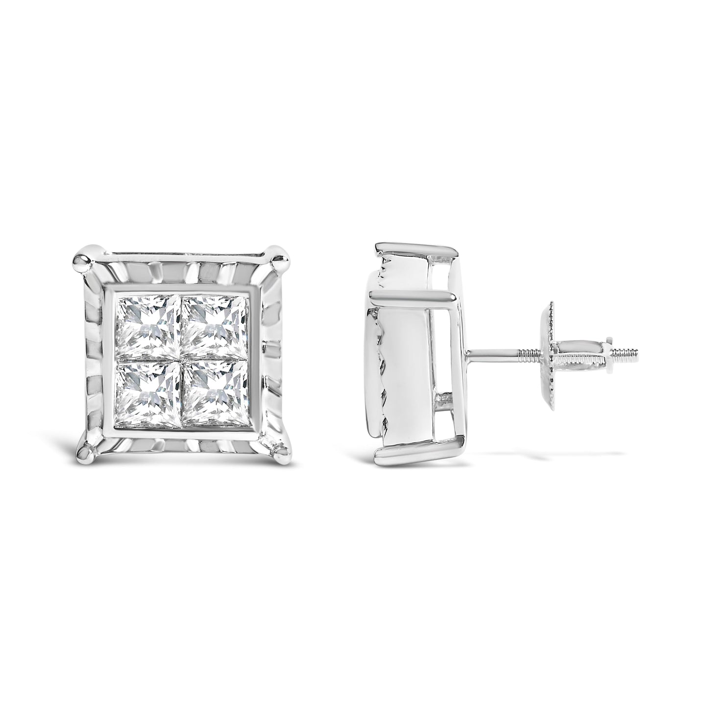 Boucles d'oreilles puces en diamant quad invisiblement serties en or blanc 14K 2.00 Cttw