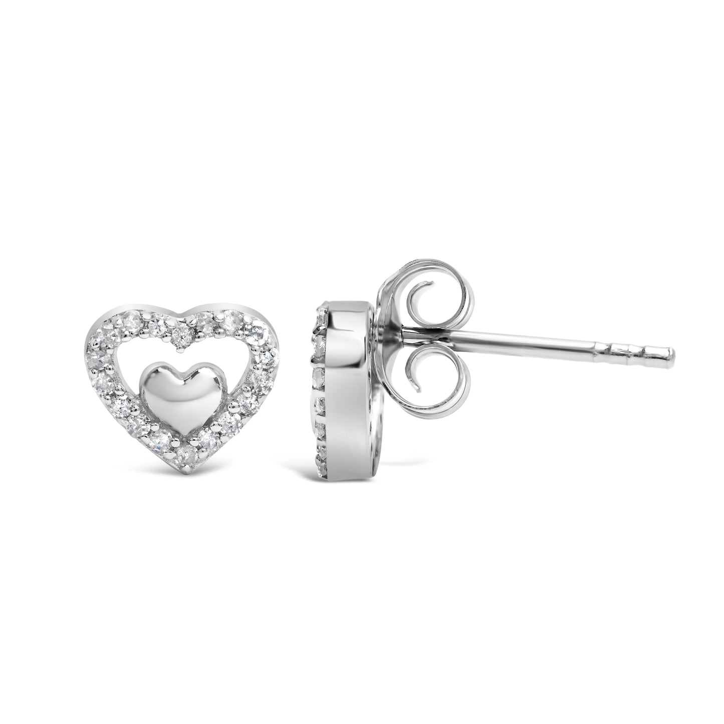 925 Sterling Silver Double Heart Diamond Stud Earrings