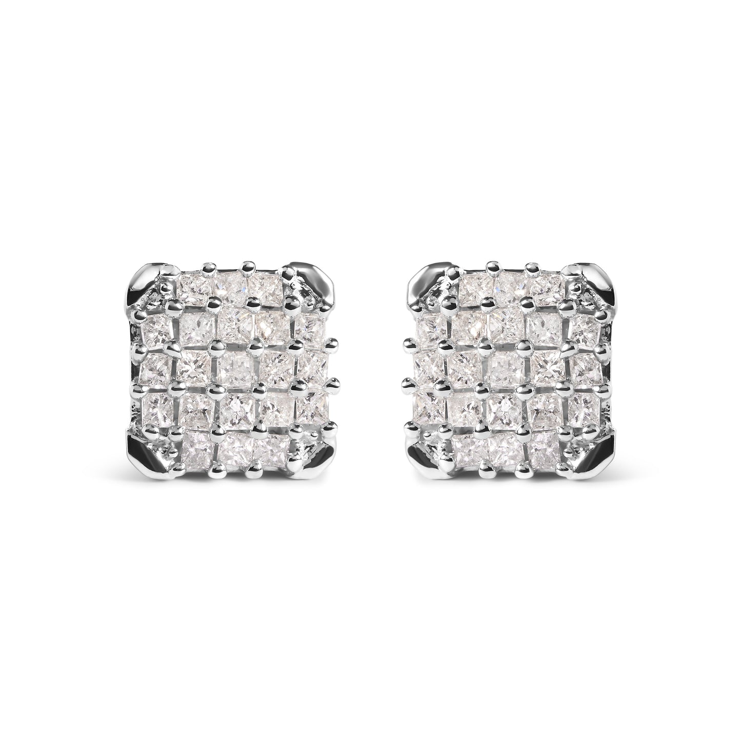 10K White Gold Princess Diamond Composite Stud Earrings