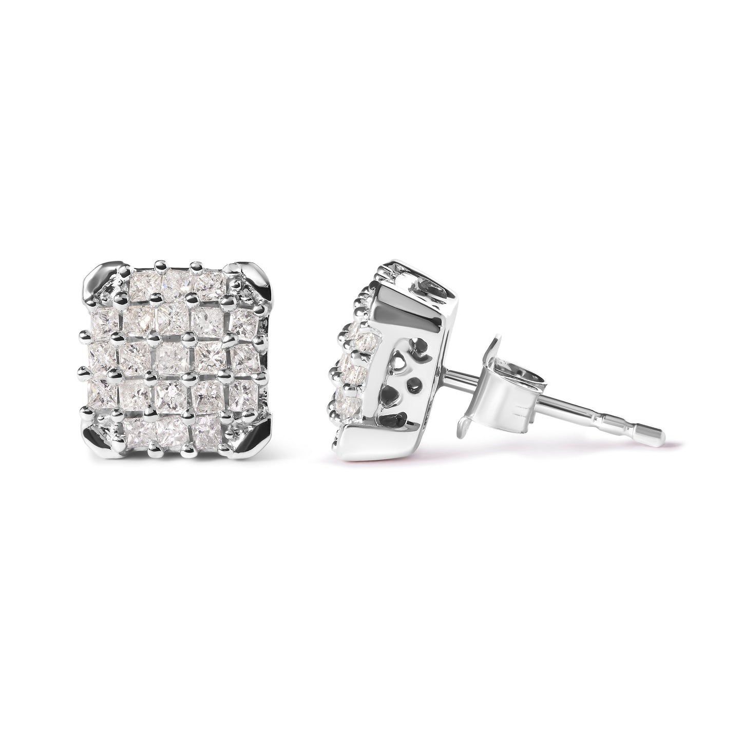 10K White Gold Princess Diamond Composite Stud Earrings