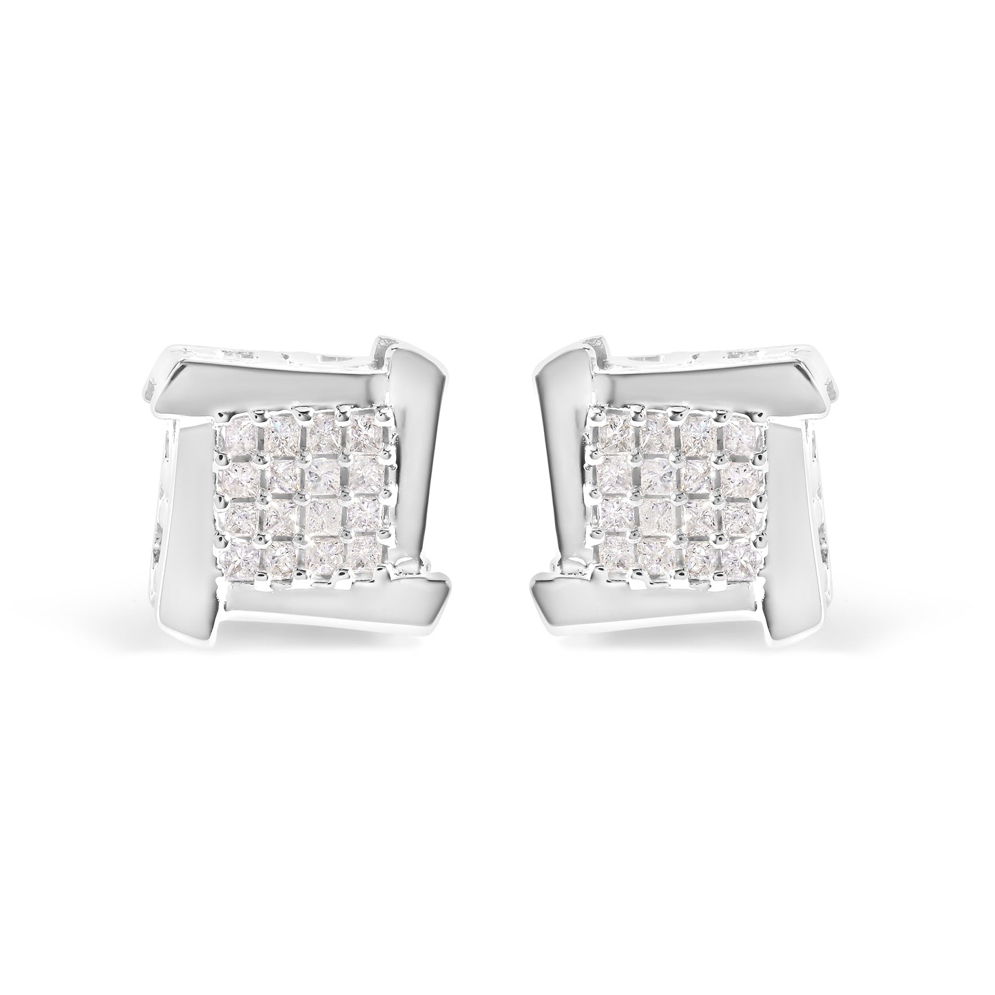 10K White Gold 1/2 Cttw Princess Diamond Square and Swirl Stud Earrings