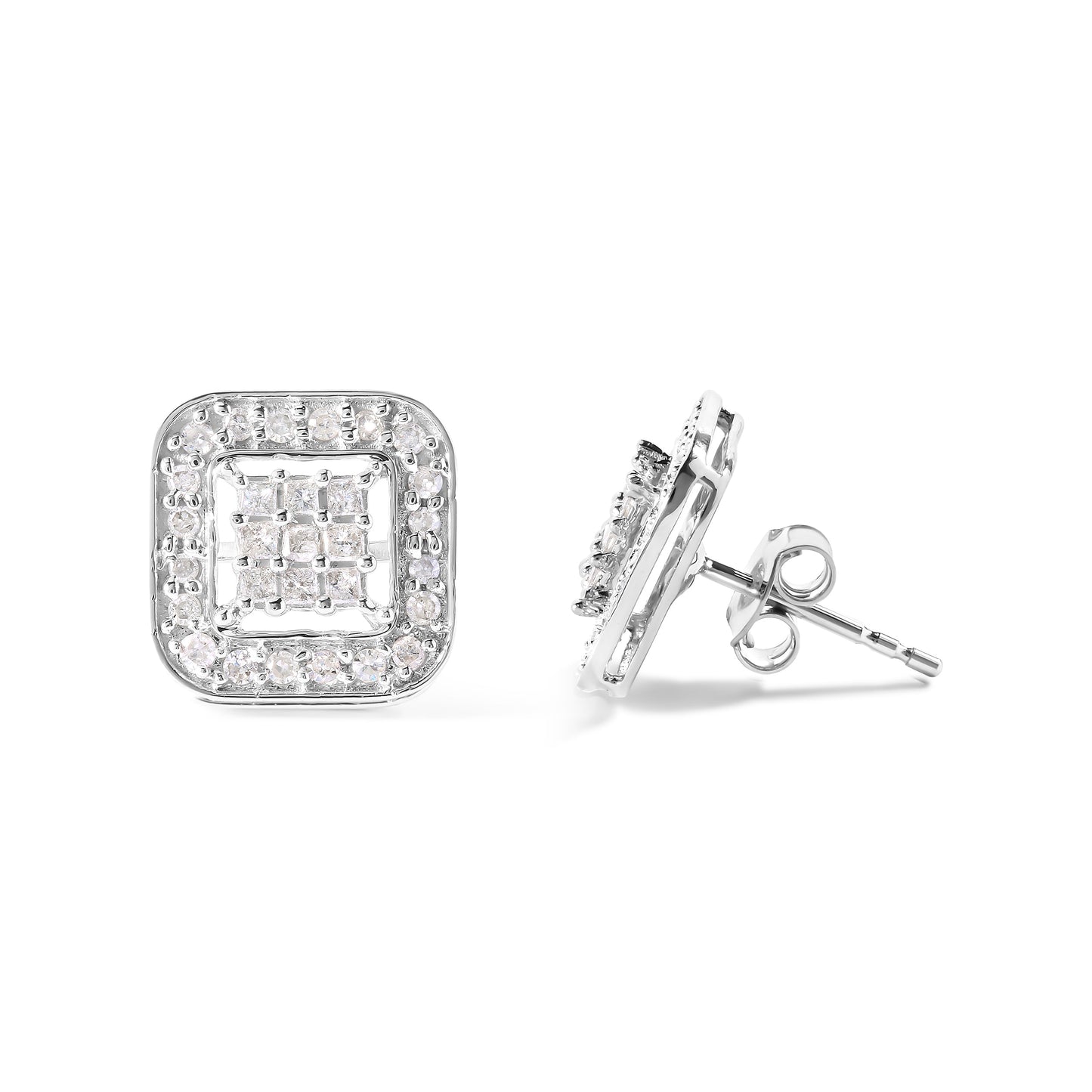 Boucles d'oreilles en or blanc 10K avec diamants carrés composites