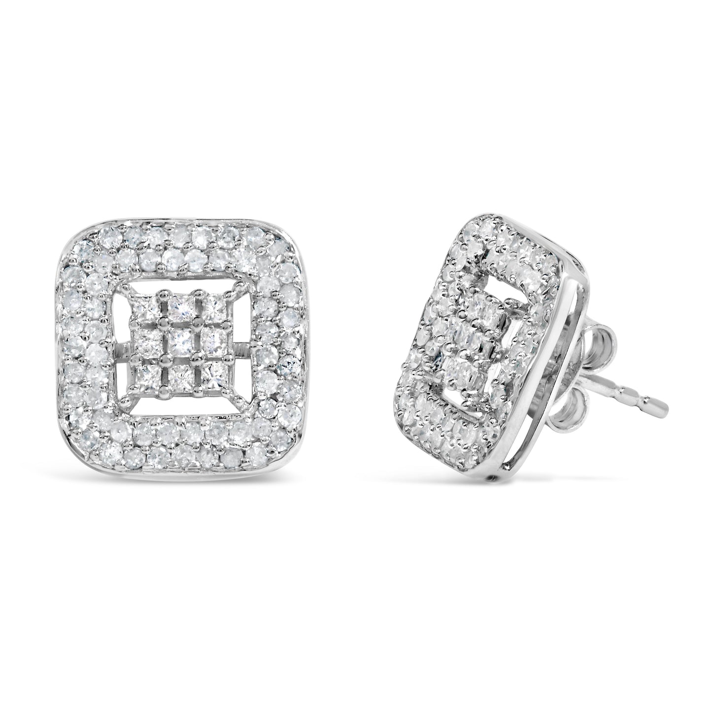 Pendientes de diamantes halo en oro blanco de 10K - 1.00 Cttw