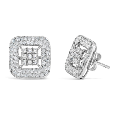 10K White Gold Diamond Halo Stud Earrings - 1.00 Cttw