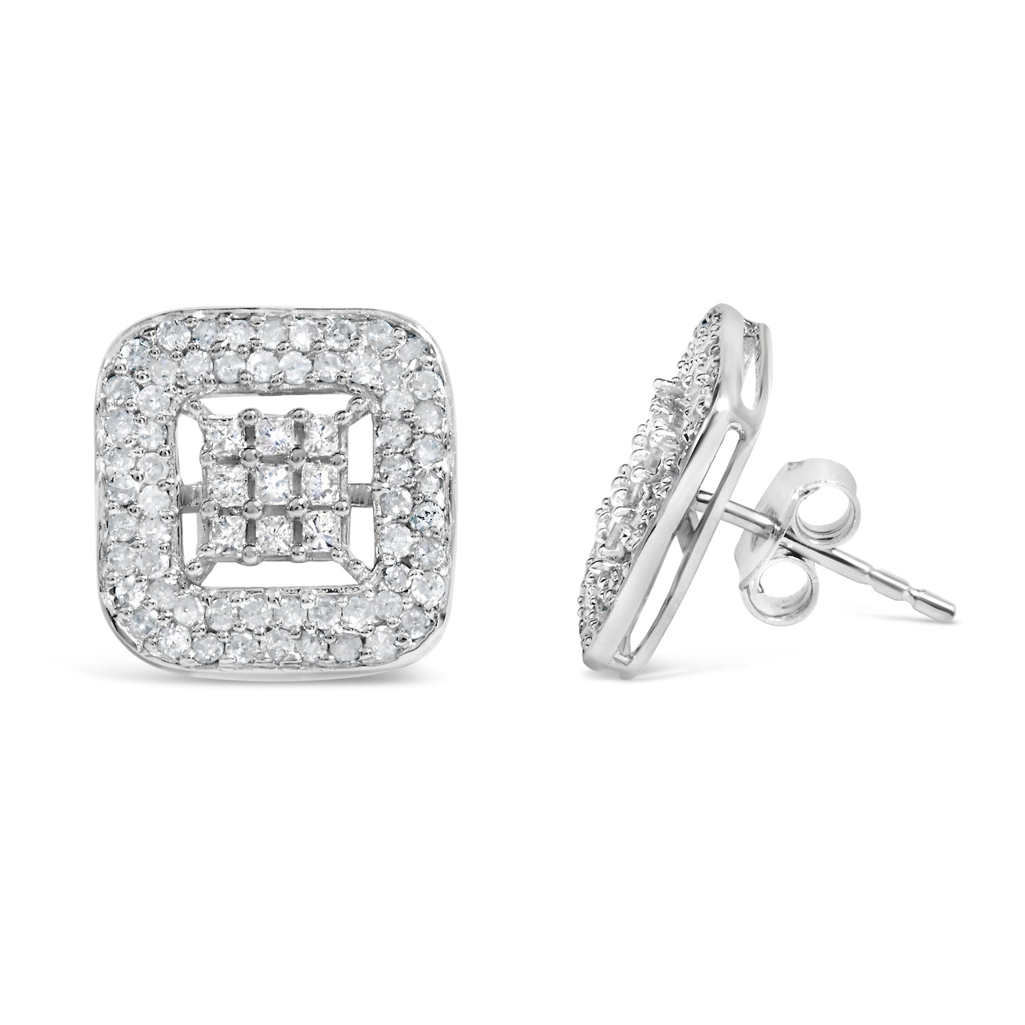 Pendientes de diamantes halo en oro blanco de 10K - 1.00 Cttw