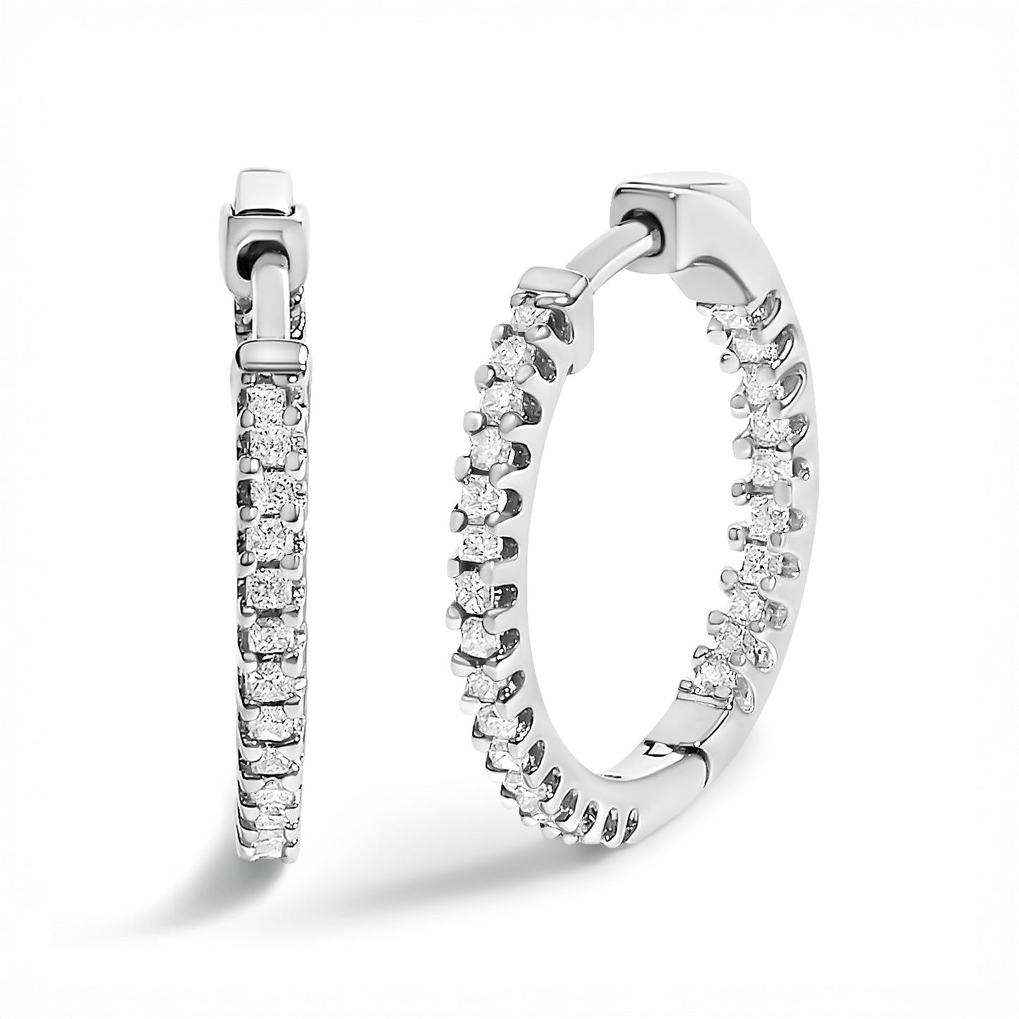 Boucles d'oreilles créoles en diamant princesse à l'intérieur et à l'extérieur en argent sterling .9