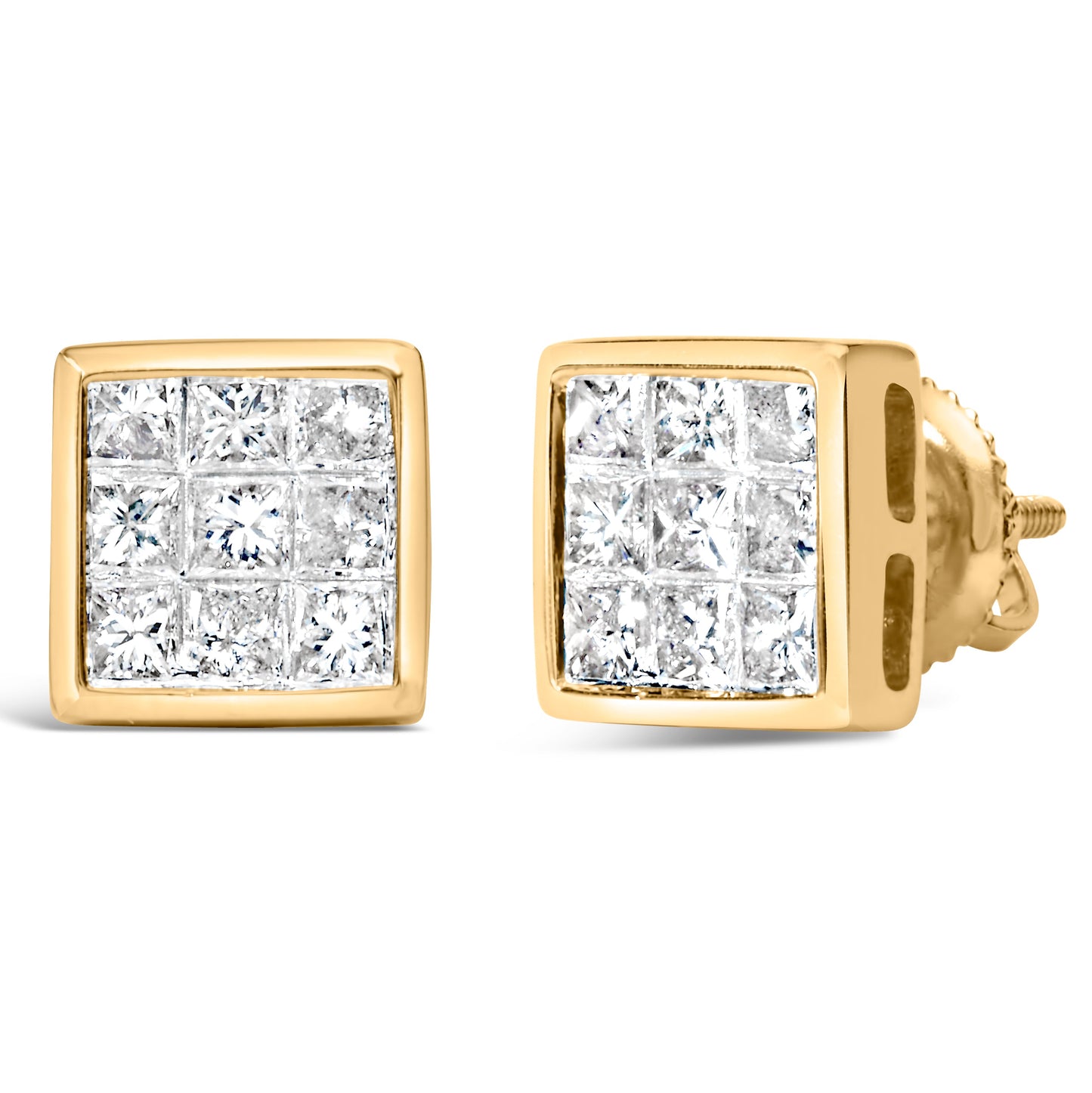 Pendientes de Stud de Diamante Compuesto de Corte Princesa de Oro Amarillo de 14K