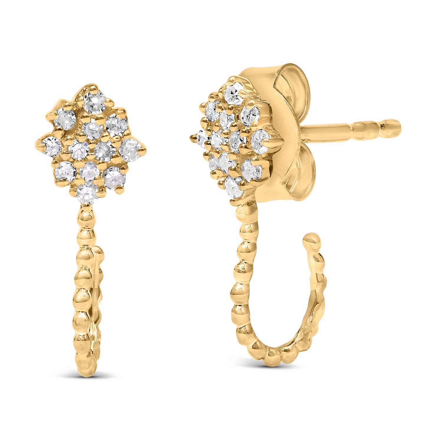Pendientes de aro de flor en clúster de diamantes de plata esterlina chapada en oro amarillo de 14K