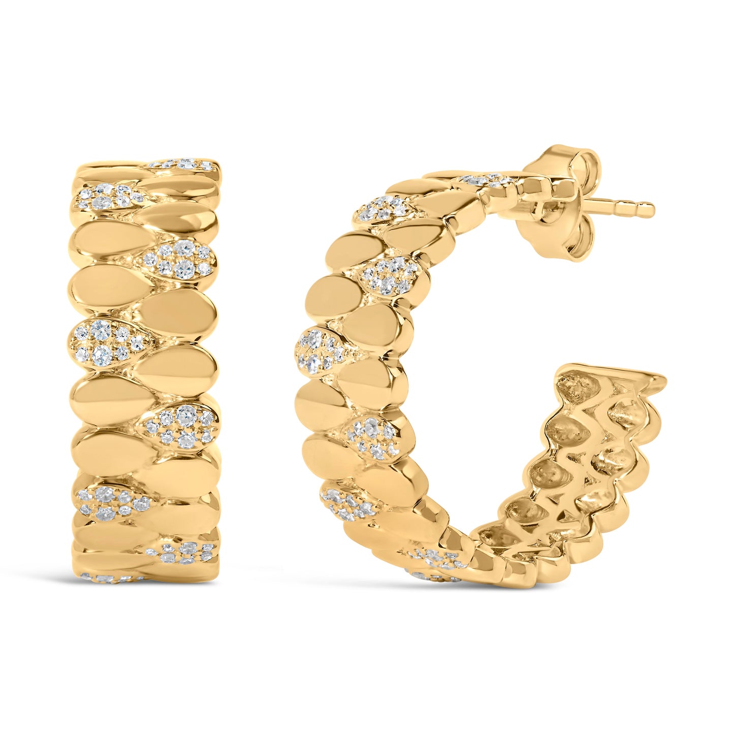 Pendientes J Hoop de enlace en forma de pera con pavé de diamantes chapados en oro amarillo de 14K